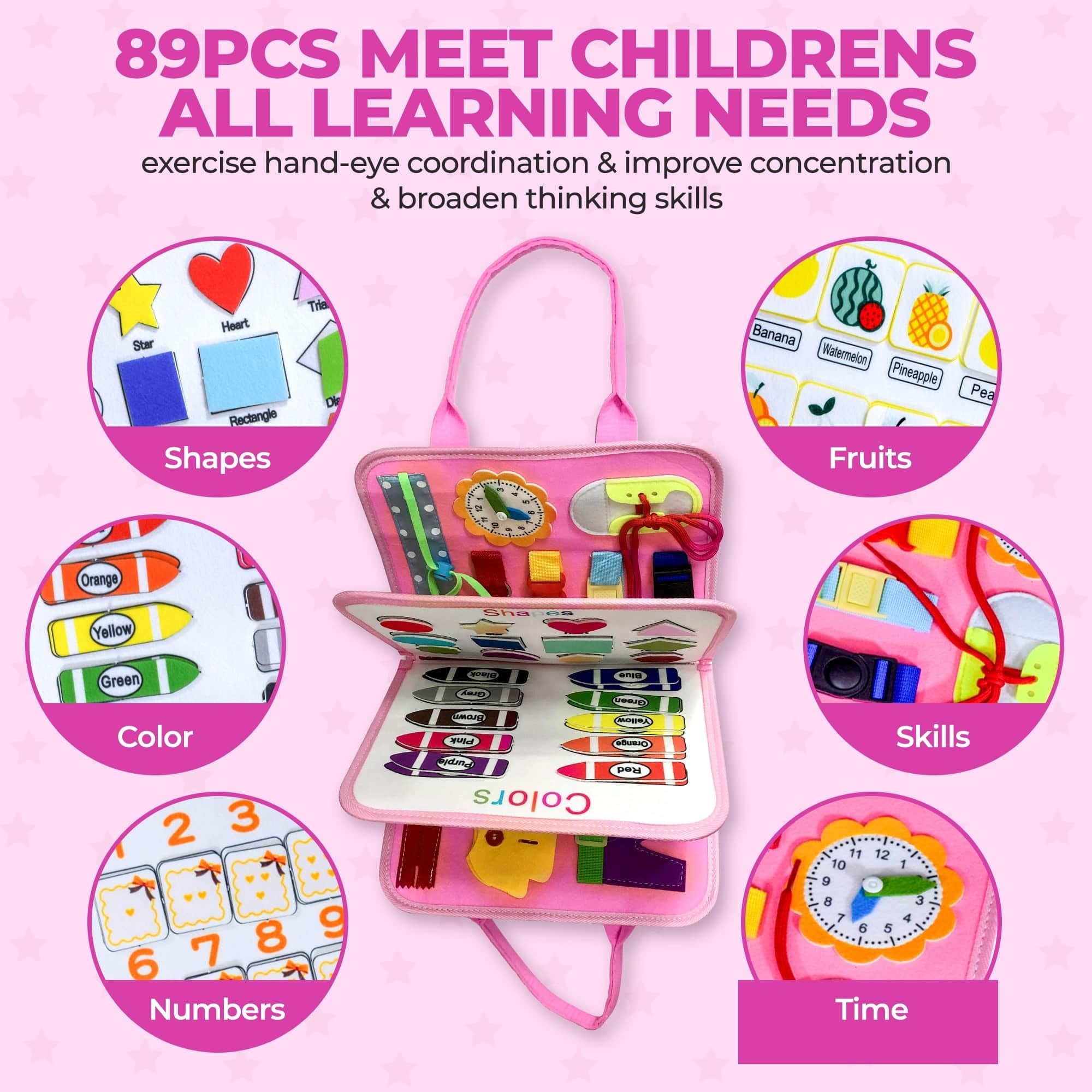 Montessori Busy Board for Toddlers 1-5 - Sensory Travel Toy & Learning Activity for Fine Motor Skills - Perfect Birthday Gift for Girls & Preschoolers