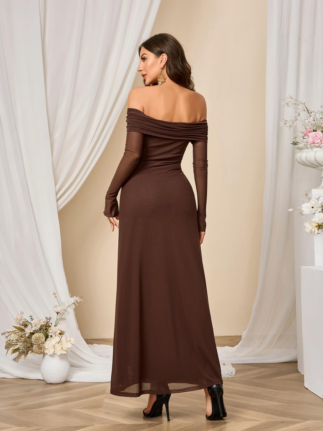 Colysmo Women's Long Sleeve Mesh Off Shoulder Bodycon Maxi Dress - Elegant Formal Wedding Guest & Evening Party Gown for Special Occasions, Date Nights & Cocktail Events