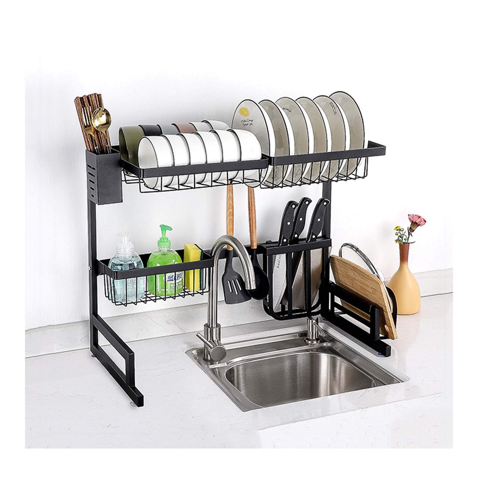 Stainless Steel Dish Drying Rack Over Sink - 65cm Black Kitchen Dish Drainer for Plates, Bowls & Cutlery | Space Saving Kitchen Organization & Storage Solution for Small Apartments