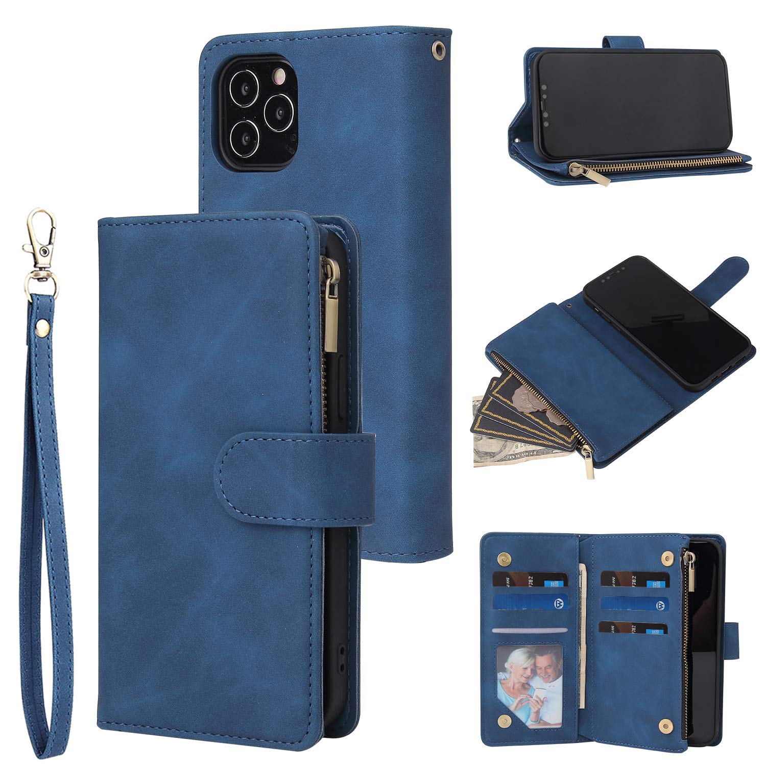 UEEBAI PU Leather Wallet Case for iPhone 12/iPhone 12 Pro - Magnetic Closure, Zipper Pocket, Kickstand & Card Slots with Hand Strap | Stylish Flip Phone Case for Women (Blue) - Perfect for Daily Use, Travel & Shopping