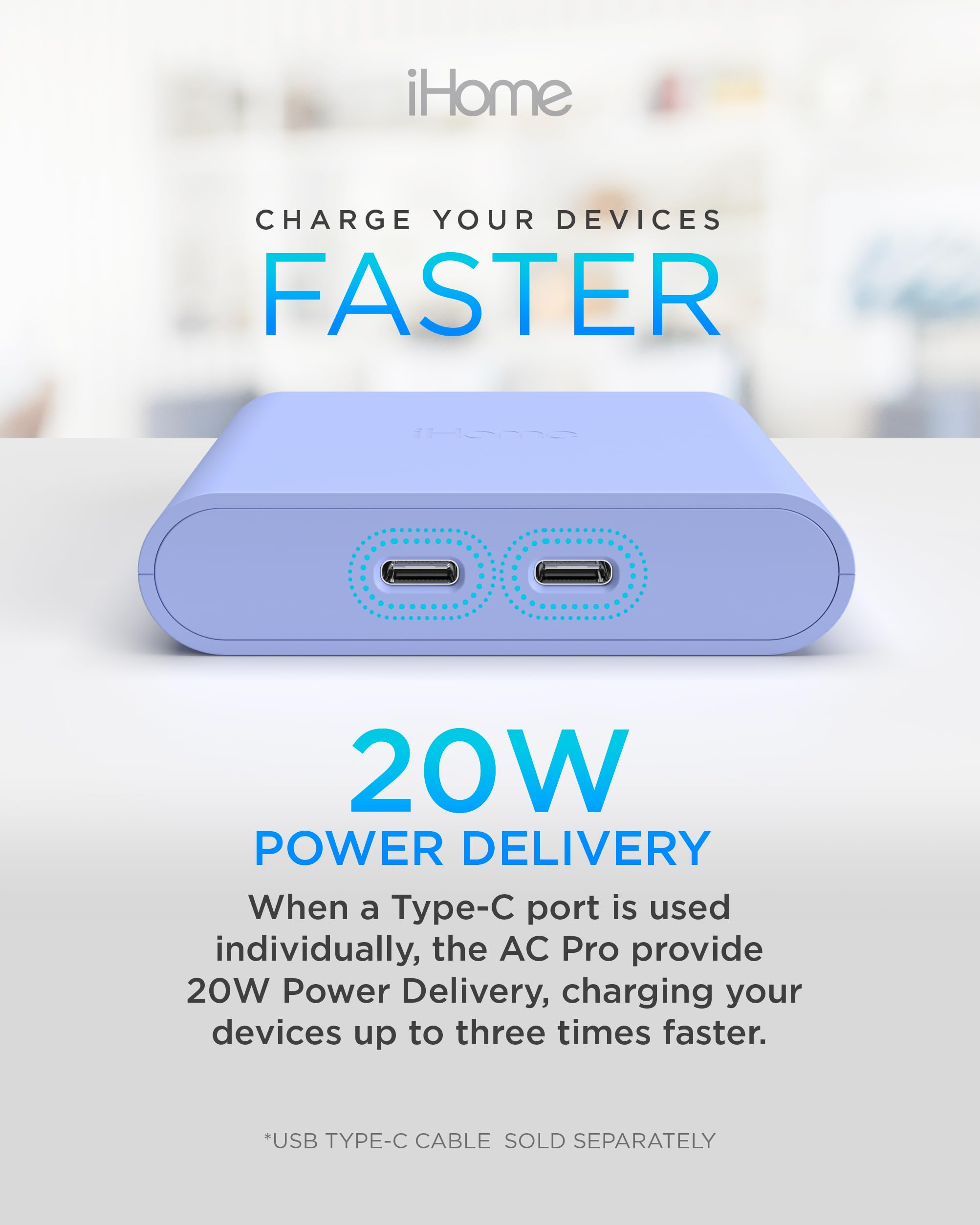 iHome 36W Dual USB-C Fast Charger Block - 2-Port Flat Wall Charger for iPhone, Samsung, iPad | Compact & Powerful Charging for Home, Office, Travel