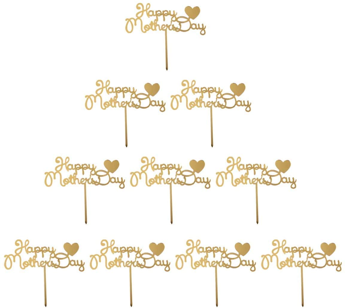 10pcs Happy Mother's Day Cake Toppers - Acrylic Cake Decorations for Birthday, Wedding & Party - Golden Cake Picks for DIY Baking & Celebration Gifts