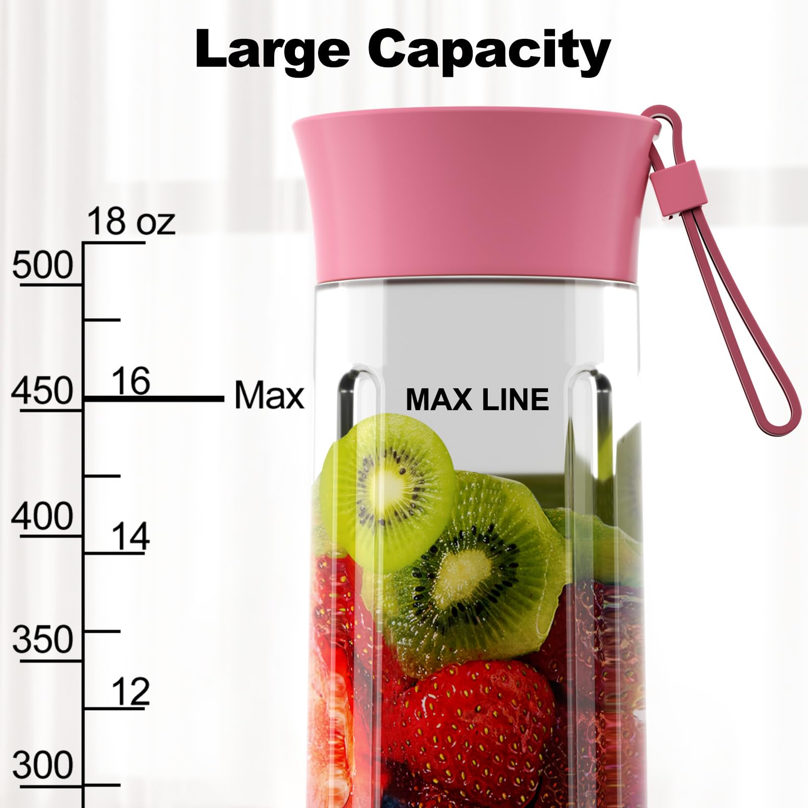 COKUNST 18oz Portable Blender - USB Rechargeable Personal Smoothie Maker with 6 Stainless Steel Blades for Protein Shakes, Juices & Healthy Drinks - Compact Travel Blender with Handle Lid - Perfect for Gym, Office, Hiking & Outdoor Activities - Pink