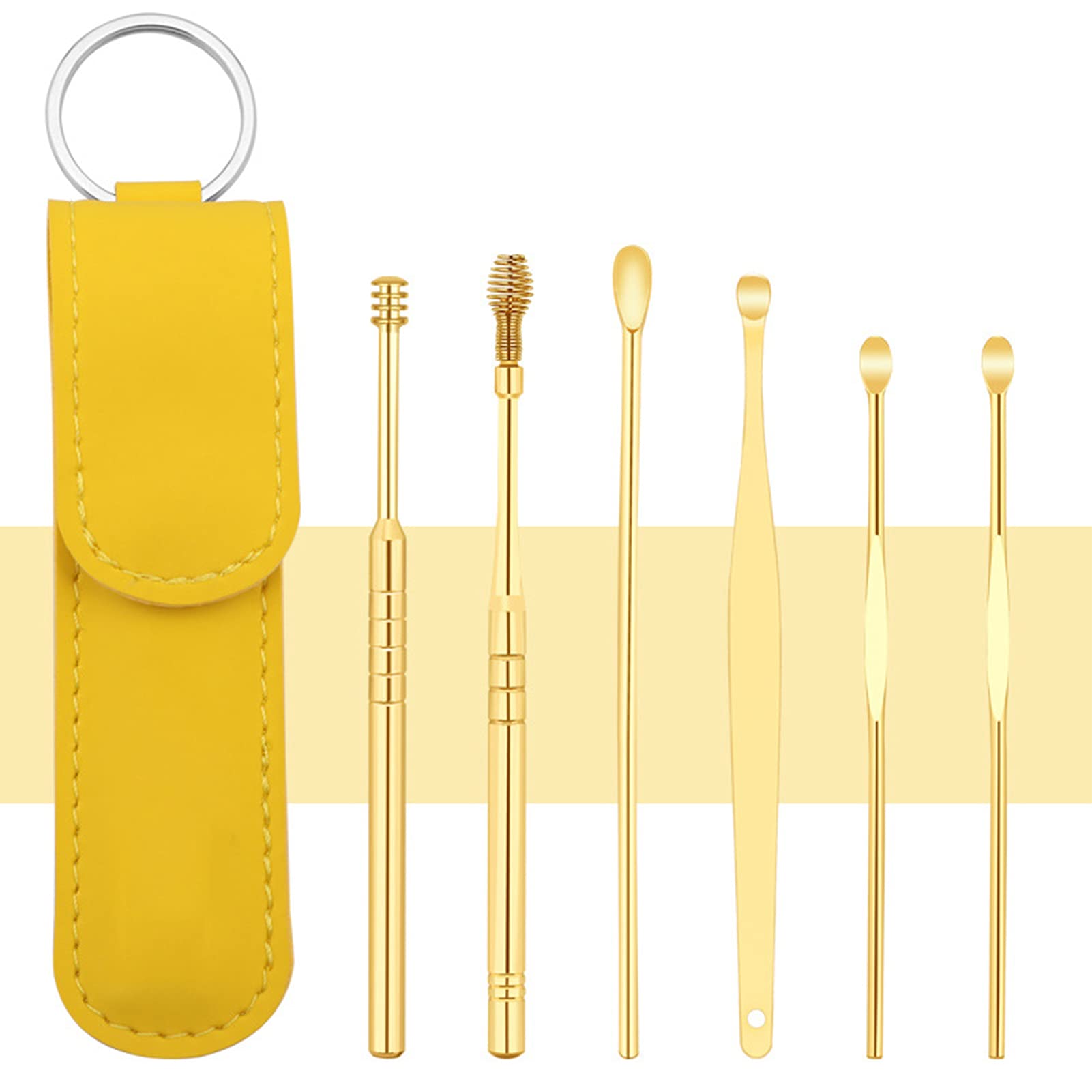 6Pcs Stainless Steel Dual Head Spring Ear Wax Cleaner Tool Set - Gentle Ear Pick Removal Kit with Curette for Safe Ear Cleaning at Home (Yellow) | Perfect for Travel, Hygiene & Personal Care