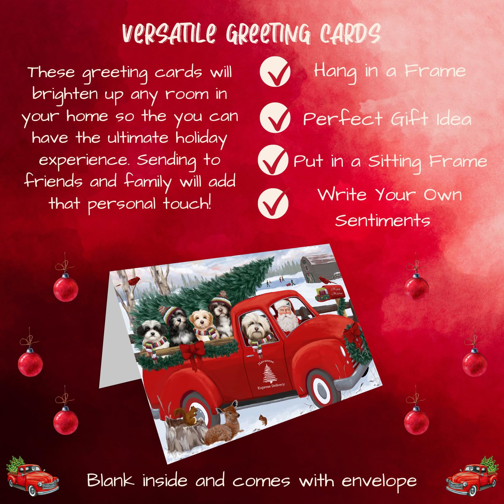 Christmas Santa Express Delivery Red Truck Havanese Dog Greeting Cards - 10 Adorable Pet Invitation Cards with Envelopes - Festive Pet Artwork Holiday Cards GCD68957 for Dog Lovers & Christmas Celebrations