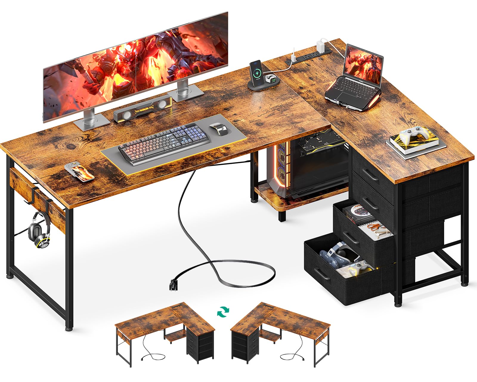 Vintage L-Shaped Gaming Desk with 4-Tier Drawers & Power Outlets - 61