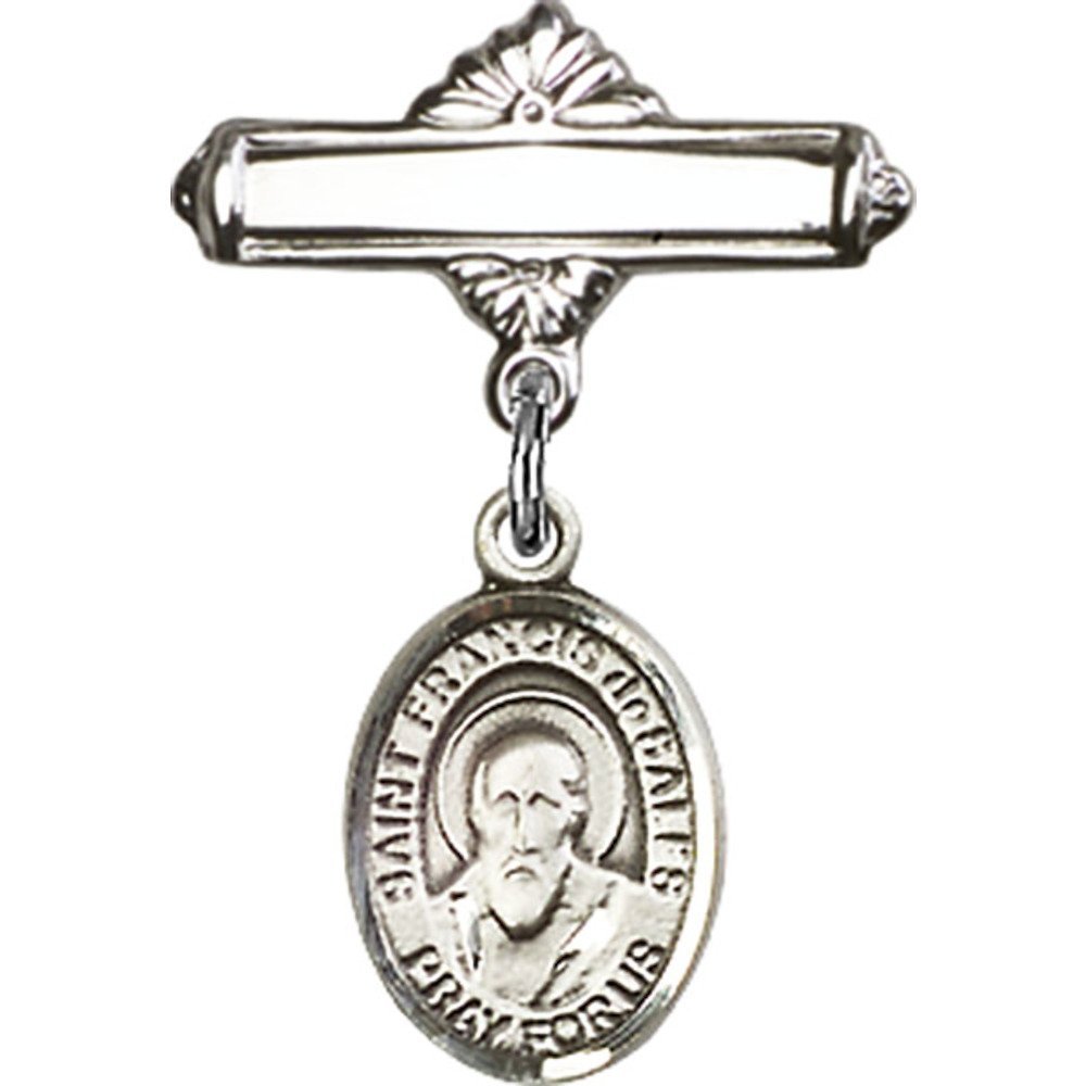 Sterling Silver Baby Badge with St. Francis de Sales Charm - 1 X 5/8 Inch Polished Pin - Perfect for Christening, Baptism & First Communion Gifts