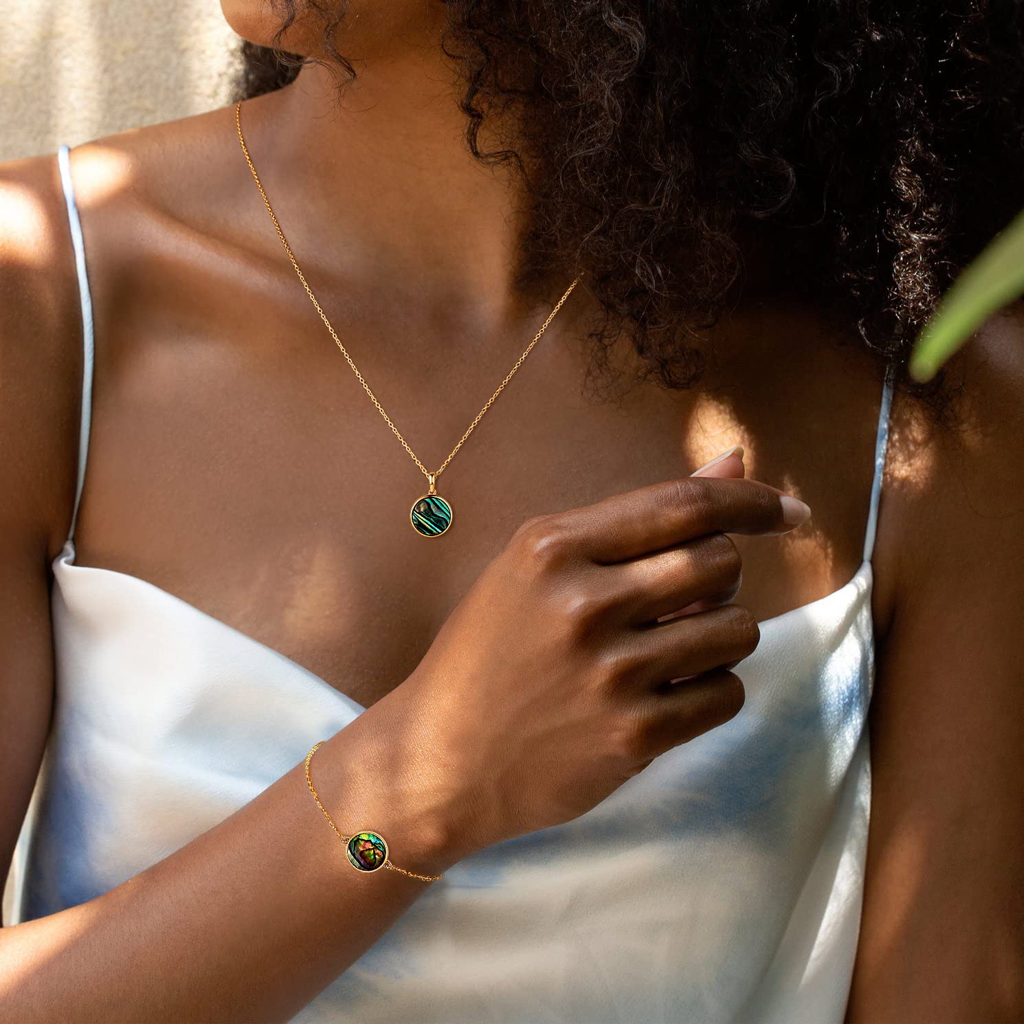14K Solid Gold Coin Necklace & Bracelet Set for Women - Mother of Pearl, Abalone, Turquoise, Black Onyx, Opal Jewelry | Elegant Anniversary, Birthday Gift for Wife, Mom, Her | Perfect for Weddings, Parties, Special Occasions