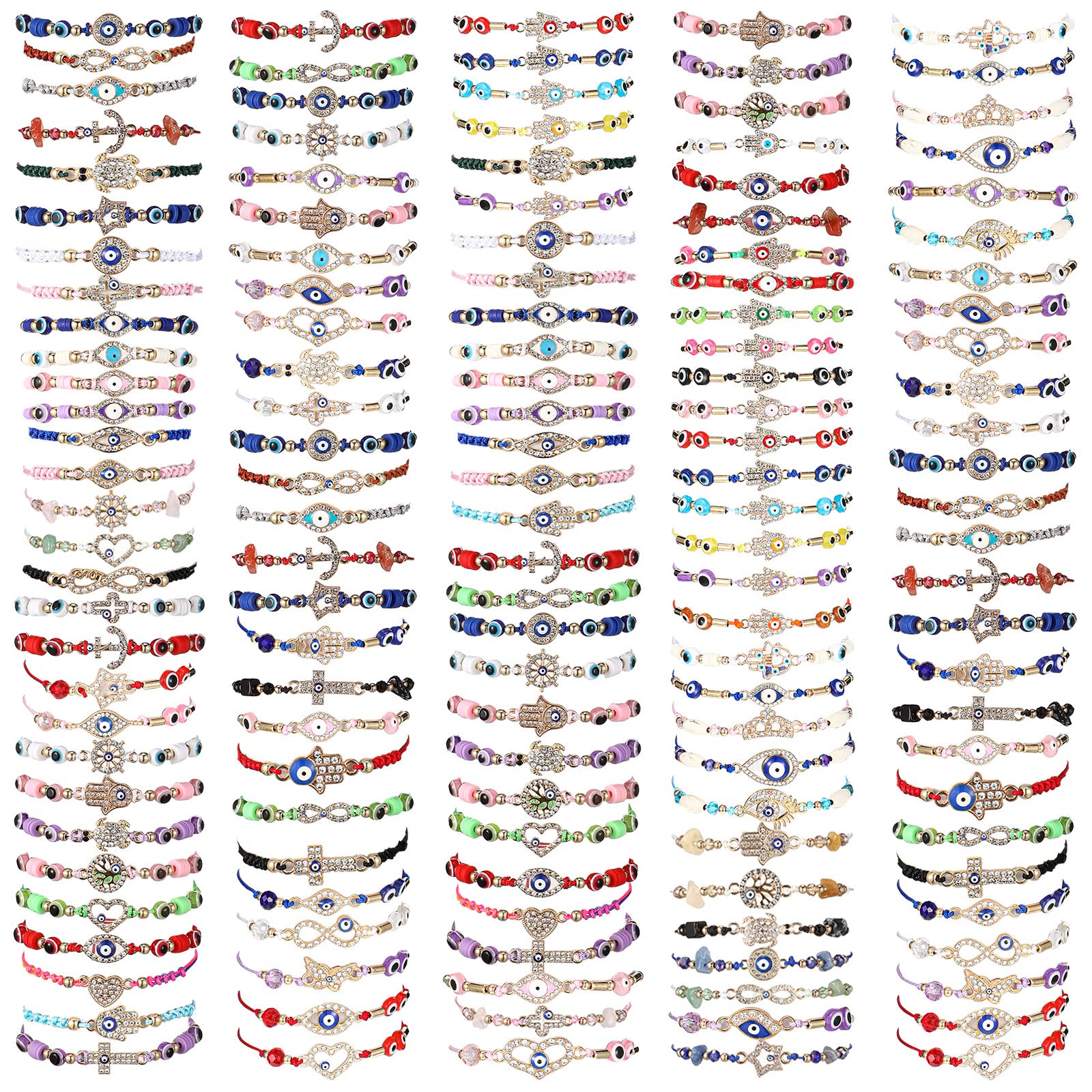 100 Pcs Evil Eye Protection Bracelet Set - Hamsa & Mexican Style Beaded Bracelets for Women, Girls & Boys - Gold Evil Eye Anklets & Jewelry Gift for Good Luck & Positive Energy - Perfect for Daily Wear, Parties & Spiritual Protection