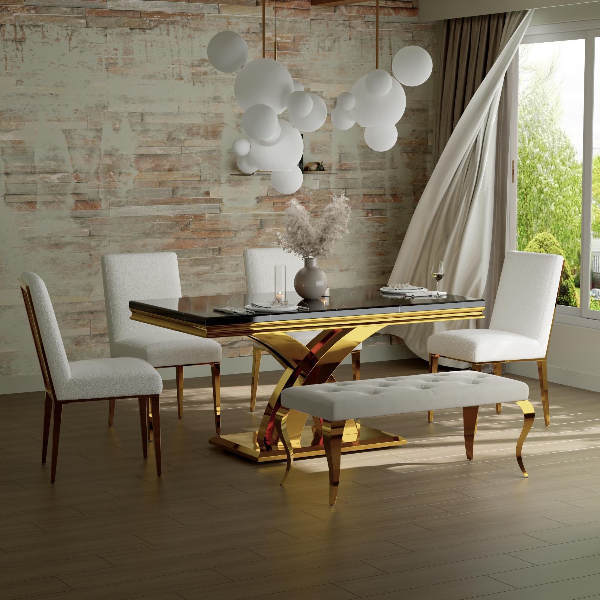 AUZ Beige Velvet Bench with Button Tufted Upholstery and Gold Cabriole Legs, White and Gold Upholstered Dining Table Bench for Kitchen, Bedroom, Entryway, and Living Room Decor