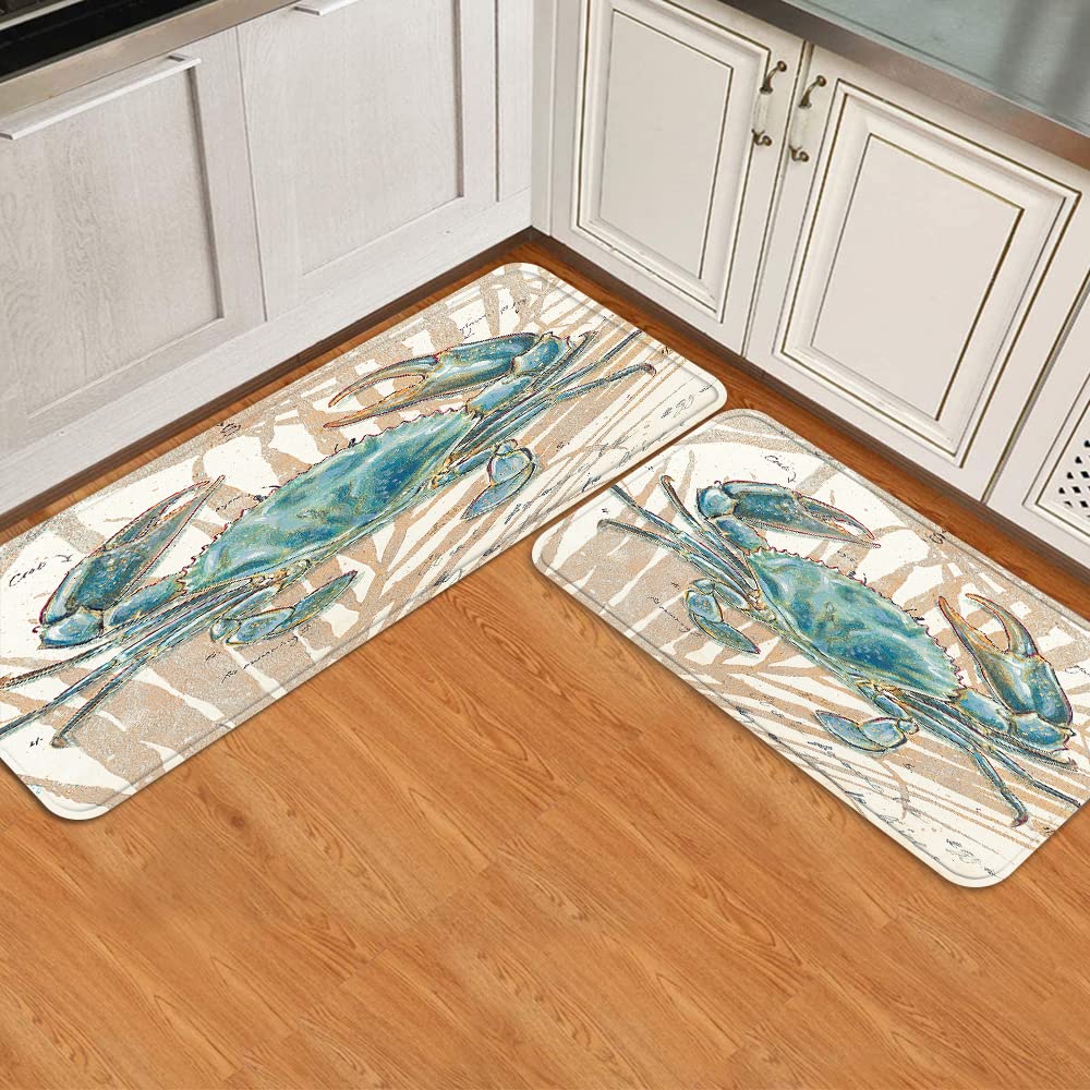 2-Piece Non-Slip Kitchen Rugs Set - Blue Crab Ocean Theme Washable Floor Mats, Durable Doormat & Runner Carpet with Underwater Submarine Design | Perfect for Coastal Kitchens, Beach House Entryways & Nautical Home Decor