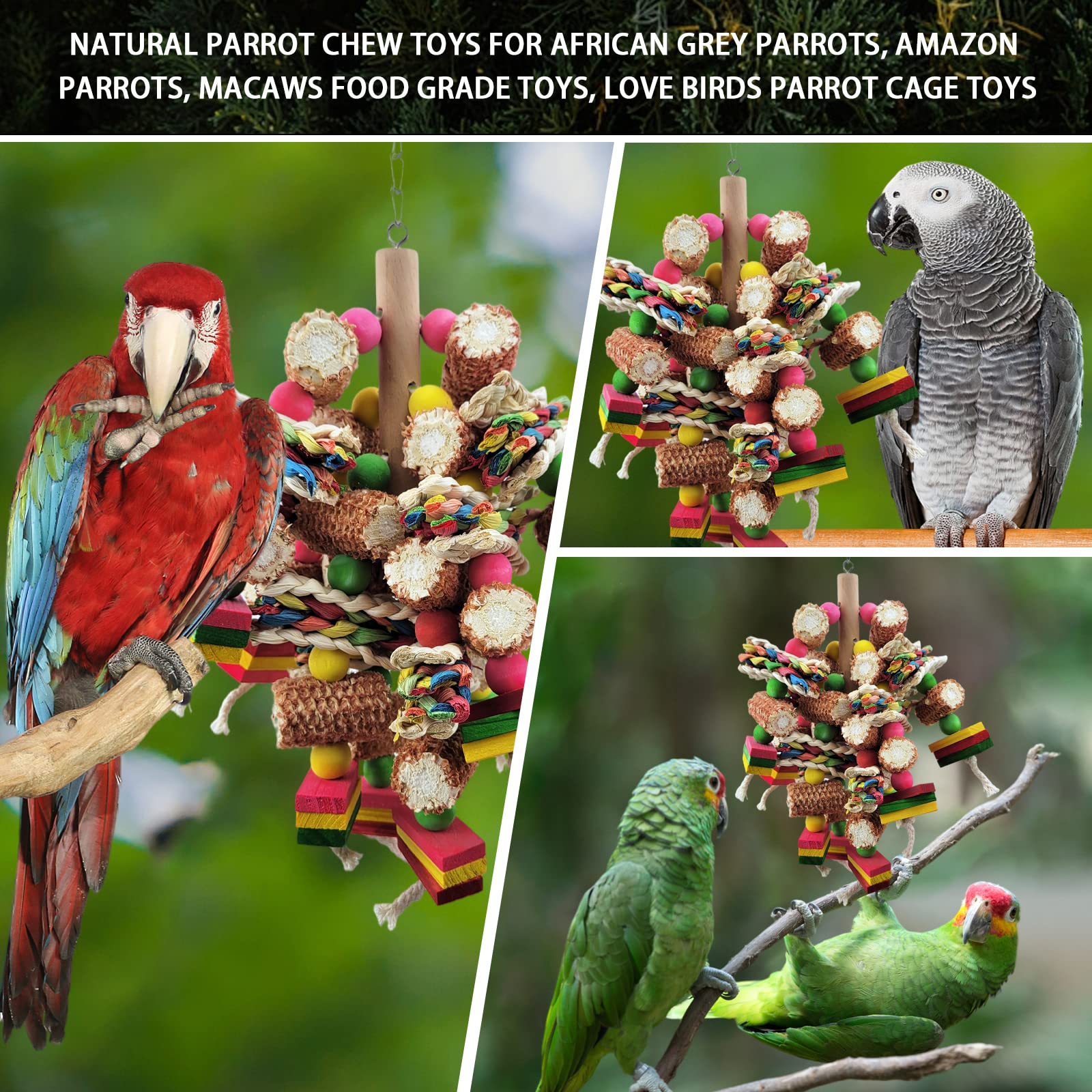 Natural Wooden Bird Toys for African Grey Parrots & Amazon Parrots - Colorful Chew Toys for Small & Medium Birds to Strengthen Beaks | Perfect for Cage Play & Mental Stimulation