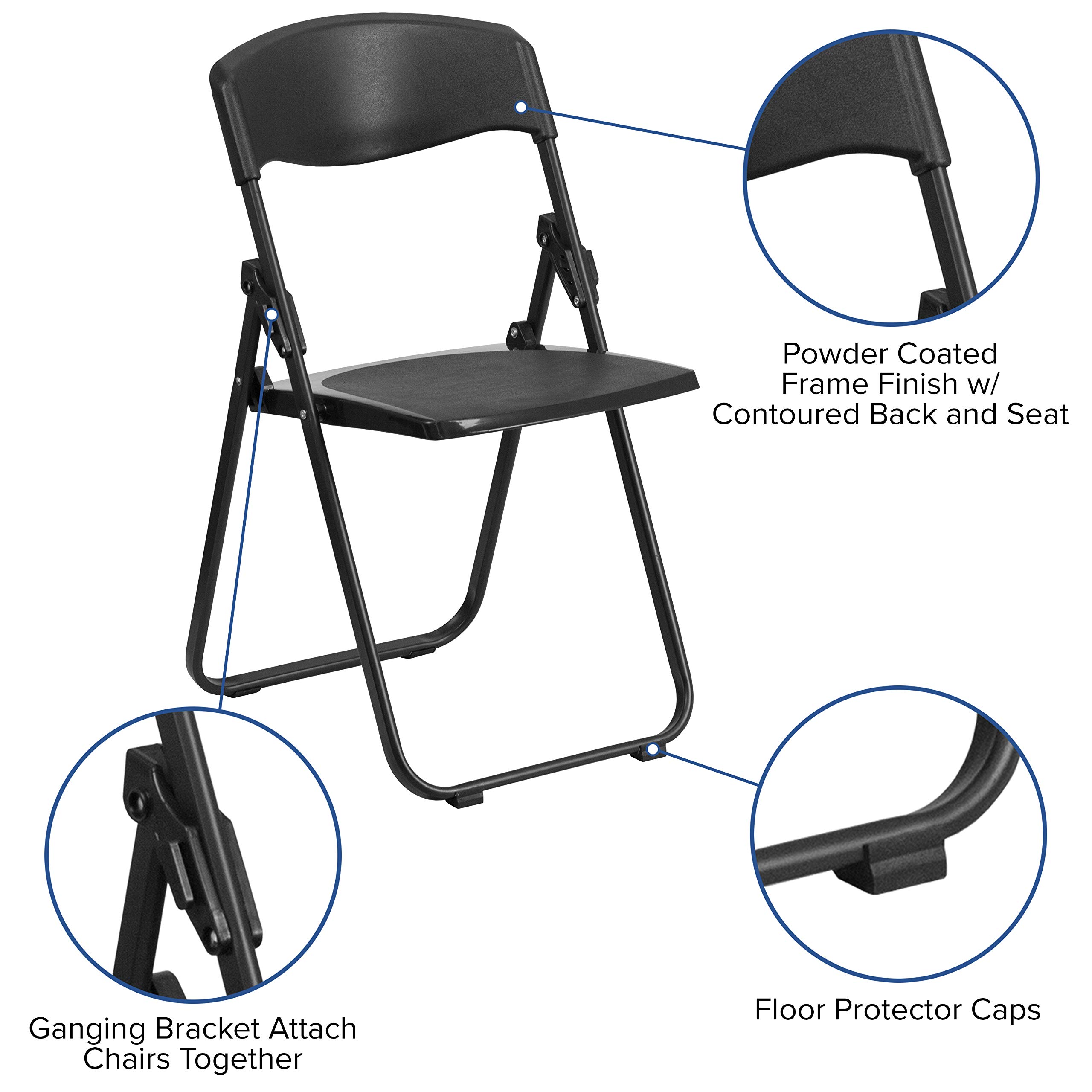 EMMA + OLIVER 2-Pack Black Plastic Folding Chairs with Built-in Ganging Brackets - Lightweight & Stackable for Outdoor Events, Parties, and Temporary Seating