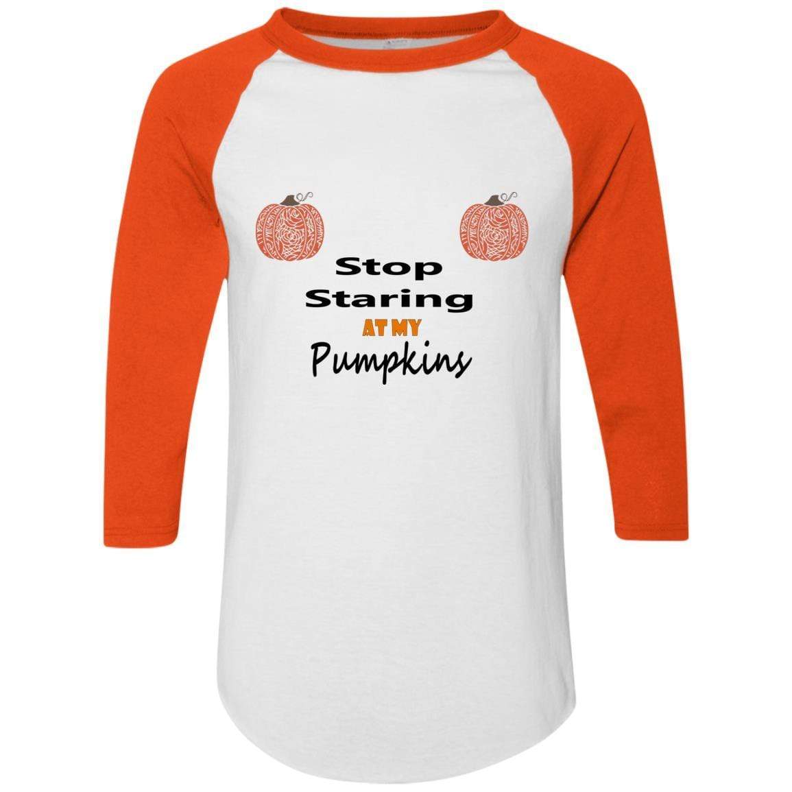 WineyBitches.Co Stop Staring At My Pumpkins Colorblock Raglan Jersey - Trendy Women's Fall Sweatshirt for Halloween, Thanksgiving & Cozy Seasonal Outfits