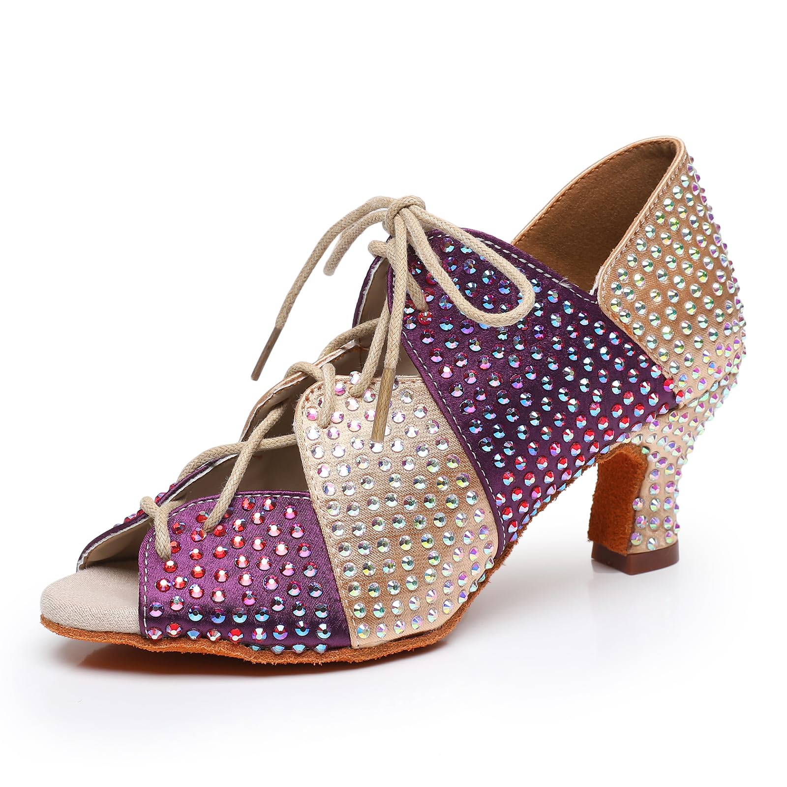 **RUYBOZRY Women's Latin Dance Shoes with Rhinestones - Lace-Up Heels for Salsa, Tango, Ballroom - Model WH7014 | Perfect for Performances, Competitions & Practice**