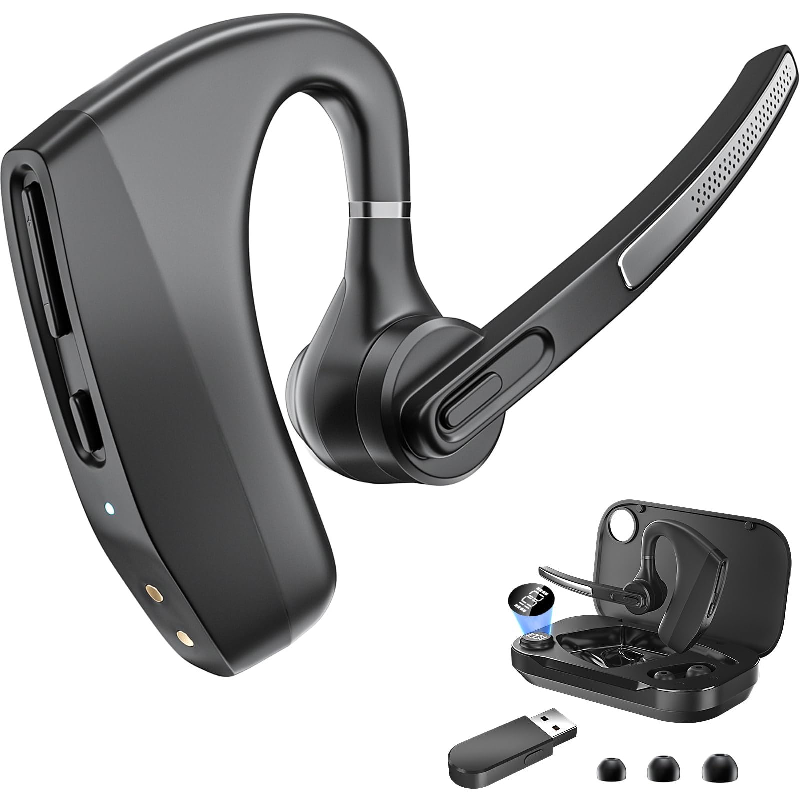 Wireless Bluetooth Headset with Microphone for Work - Trucker Headset V5.3 with USB Dongle, Noise Cancelling Mic & LED Power Display | Perfect for Business Calls, Computer, Laptop, and Cell Phone Use | Ideal for Office, Remote Work, Driving, and Online Meetings
