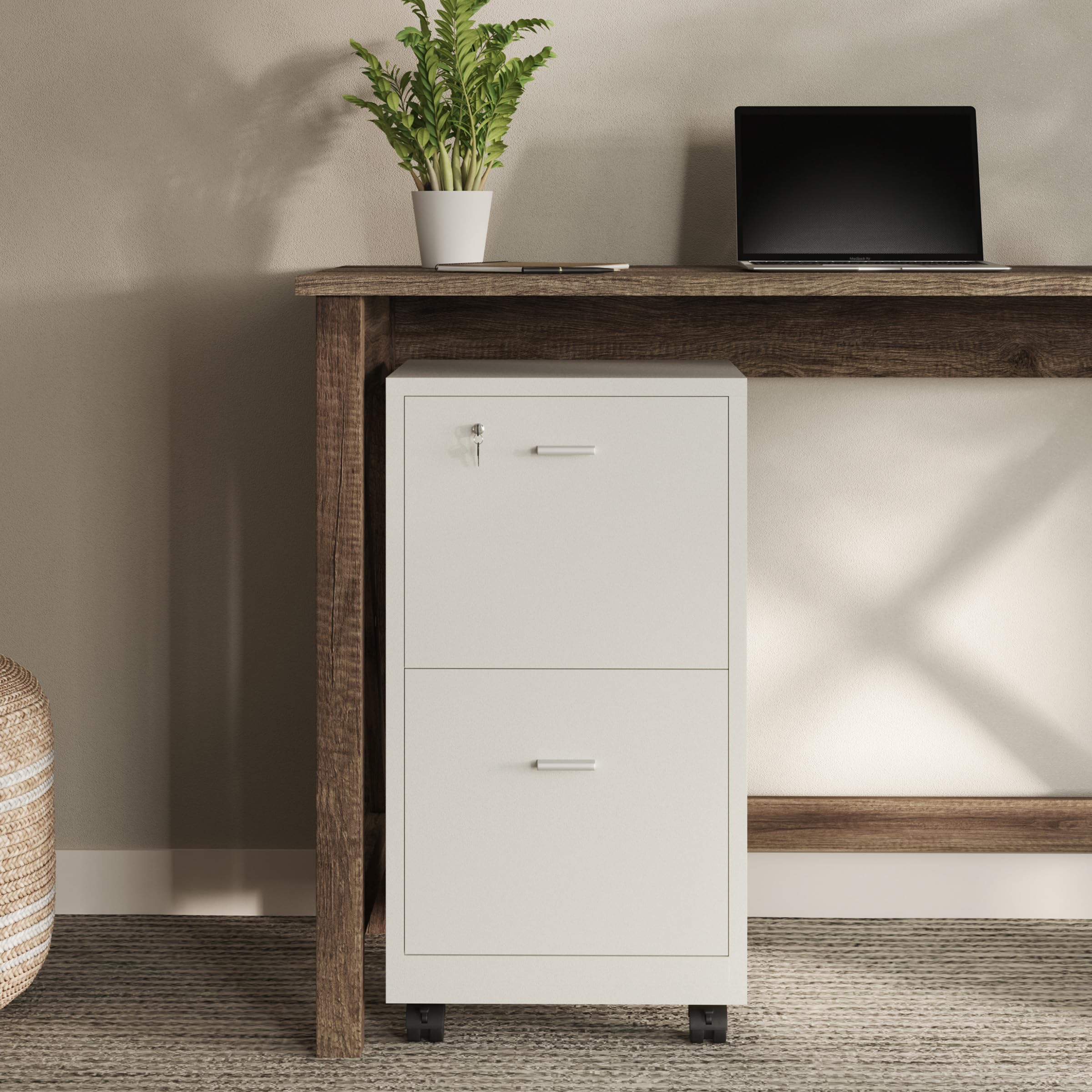 Lavish Home 2-Drawer File Cabinet with Lock - Deep Storage Rolling Filing Cabinet for Under Desk, Home & Office Organization (White) - Perfect for Document Storage, Office Supplies & Home Office Filing Needs