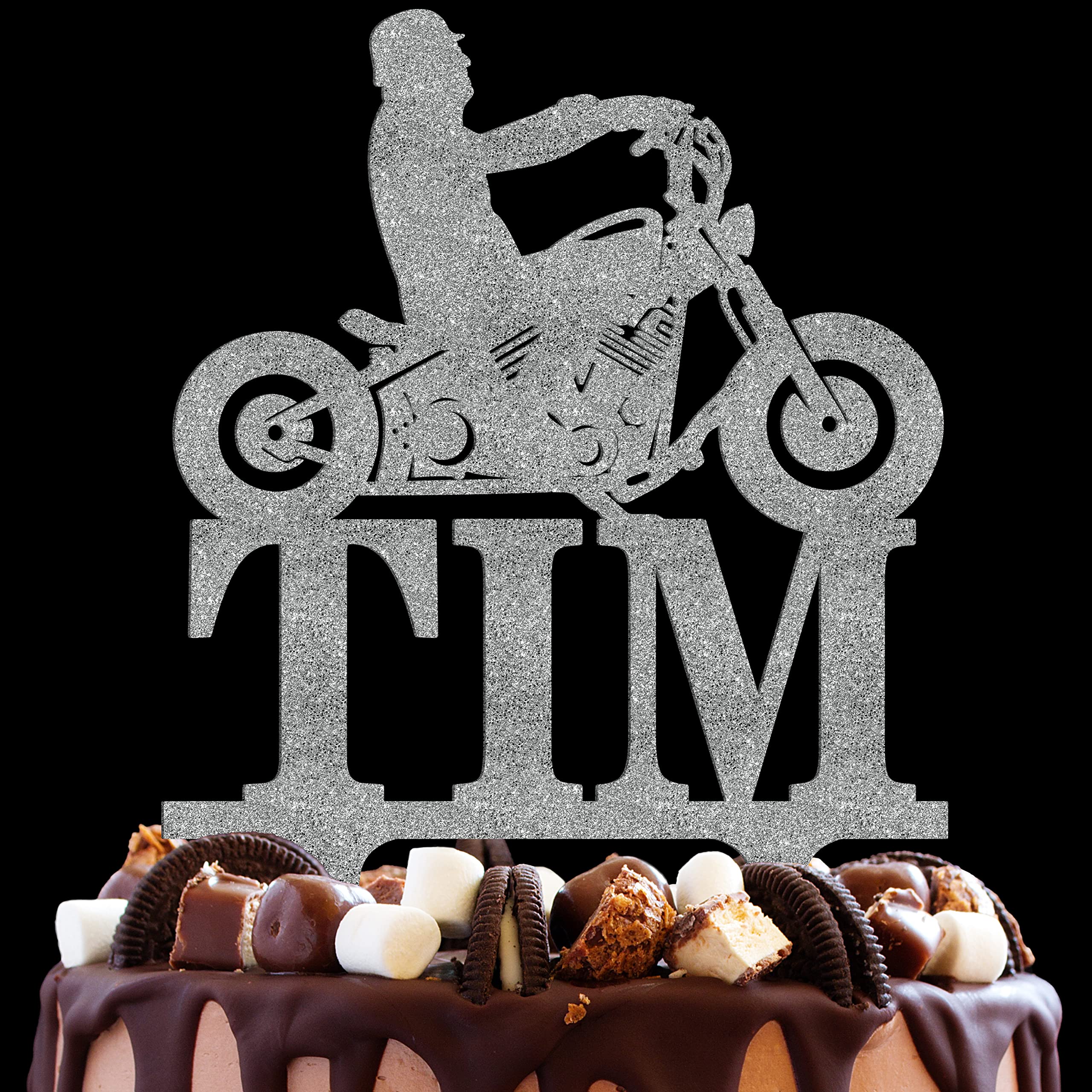 Custom Biker Silhouette Chopper Motorcycle Cake Topper - Personalized HD Birthday Cake Decor for Men - Glitter Biker Theme Party Supplies | Perfect for Motorcycle Enthusiast Birthday Cakes, Biker Weddings & Themed Celebrations