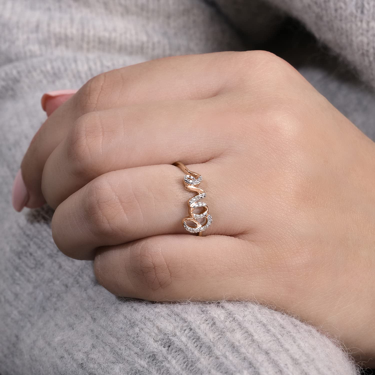 18K Gold Plated or 925 Sterling Silver Women's Love Ring with Diamond Accent - Elegant Cursive Script Band for Anniversary, Valentine's Day & Wedding Gift (Rose Gold/Yellow Gold/Silver)