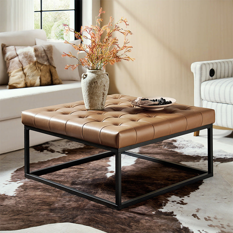 Genuine Leather Ottoman with Open Frame Base - Modern Footrest & Storage Stool for Living Room, Bedroom, or Office