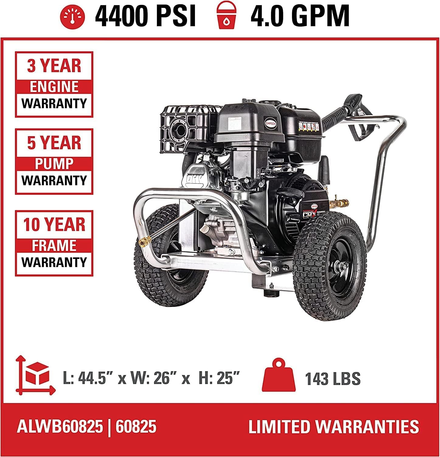 Simpson ALWB60825 Gas Pressure Washer 4400 PSI 4.0 GPM - for Driveway & Deck Cleaning