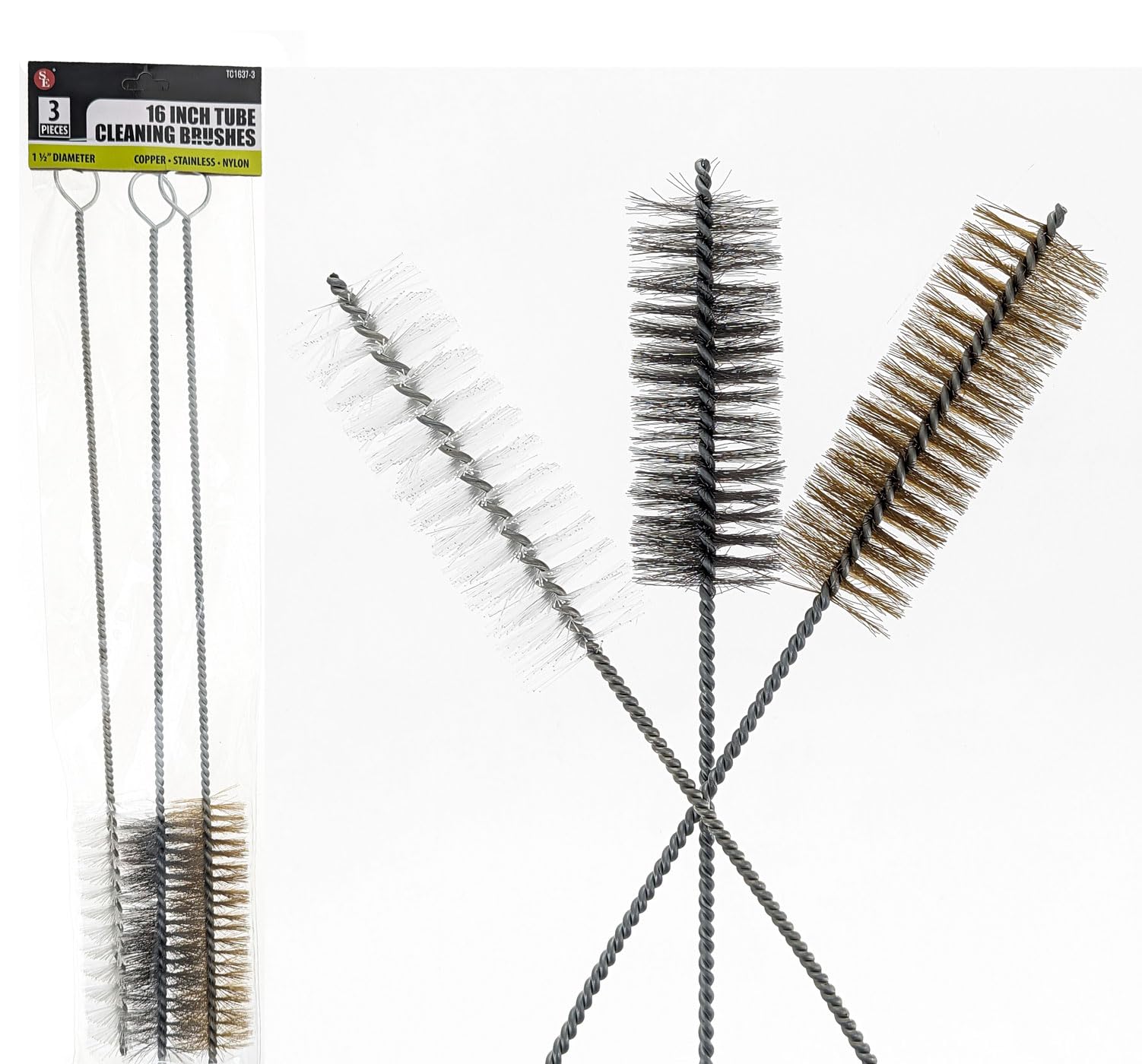 3-Piece 16-Inch Tube Cleaning Brush Set - Copper, Stainless Steel & Nylon Bristles for Various Surfaces (1.5-Inch Diameter) - Perfect for HVAC, Plumbing & Automotive Maintenance