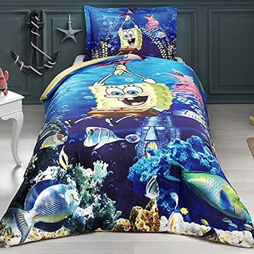 Spongebob Aqua Single Twin 100% Cotton Duvet Cover Set - Soft Cartoon Bedding for Kids & Teens - Perfect for Bedrooms, Dorms, and Sleepovers