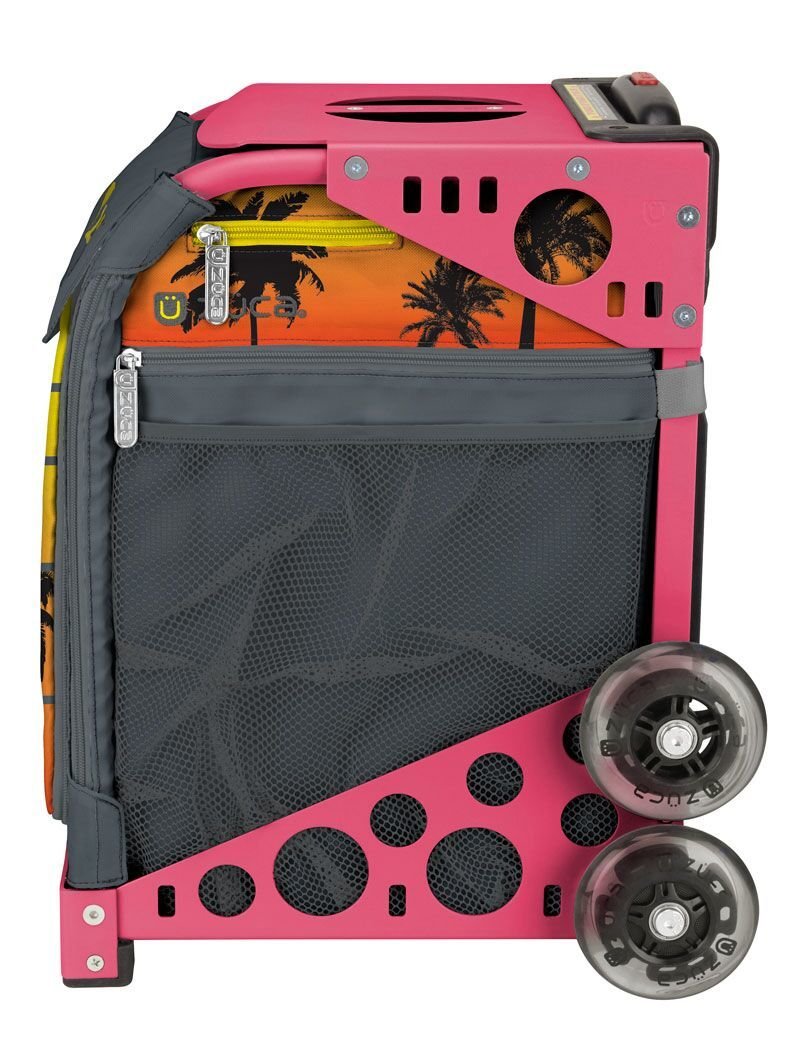 Zuca Palm Island Tropical Sunset Sport Bag with Pink Frame & LED Flashing Wheels - Durable Gym Bag for Women, Travel Duffel & Dance Competition Backpack - Perfect for Sports, Fitness & Beach Vacations