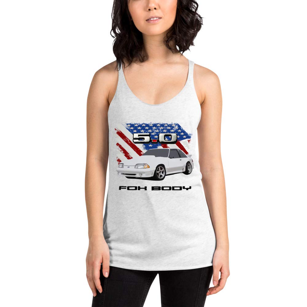 Stang Fox Body 5.0 American Flag Women's Racerback Tank Top - Patriotic Muscle Car Lover's Apparel for Gym, Car Shows & Casual Wear