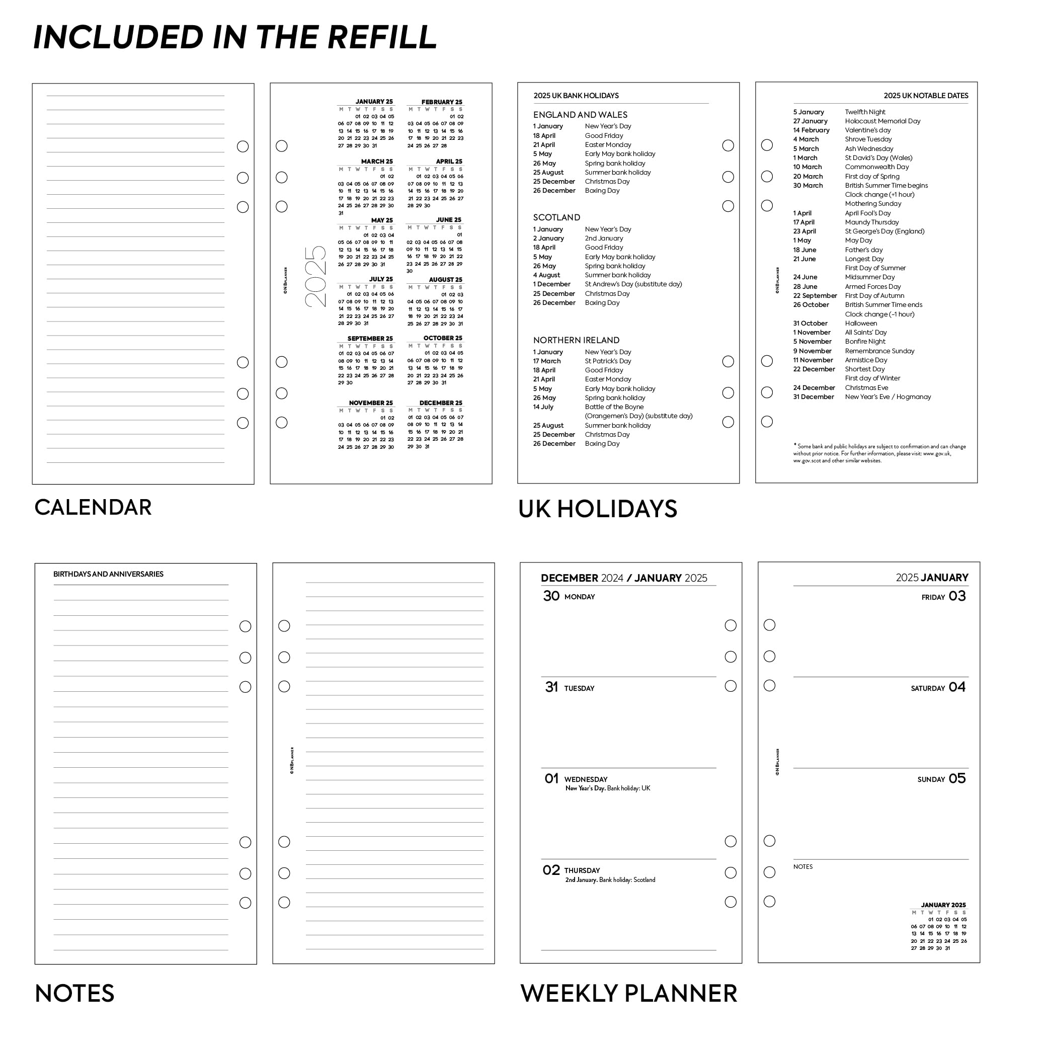 NBplanner 2025 Weekly Planner Refill - 2 Page Per Week Layout, Personal Size Organizer, White Pages, Yearly Calendar | Compatible with Filofax Personal | Perfect for Work, School & Daily Planning