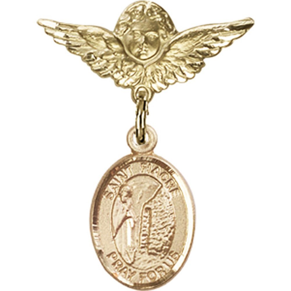 Gold Filled Baby Badge Pin with St. Fiacre Charm & Angel Wings - 1 x 3/4 Inch - Perfect for Christening Gifts, Baby Showers & Keepsake Jewelry