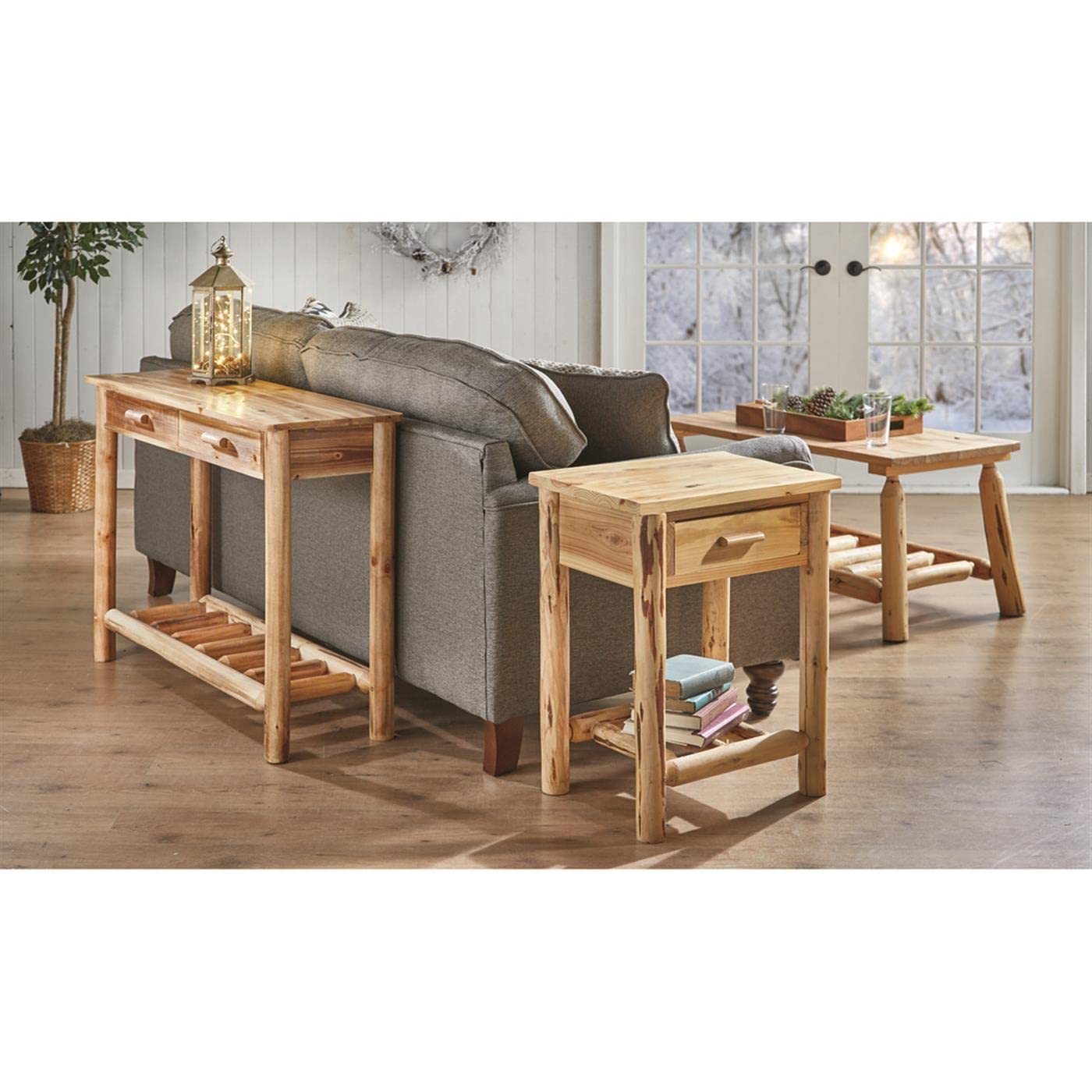 Rustic Pine Log End Table with Storage Drawer - Natural Weathered Wood Nightstand for Bedroom, Side Table for Living Room Couch - Perfect for Farmhouse, Cabin & Rustic Home Decor