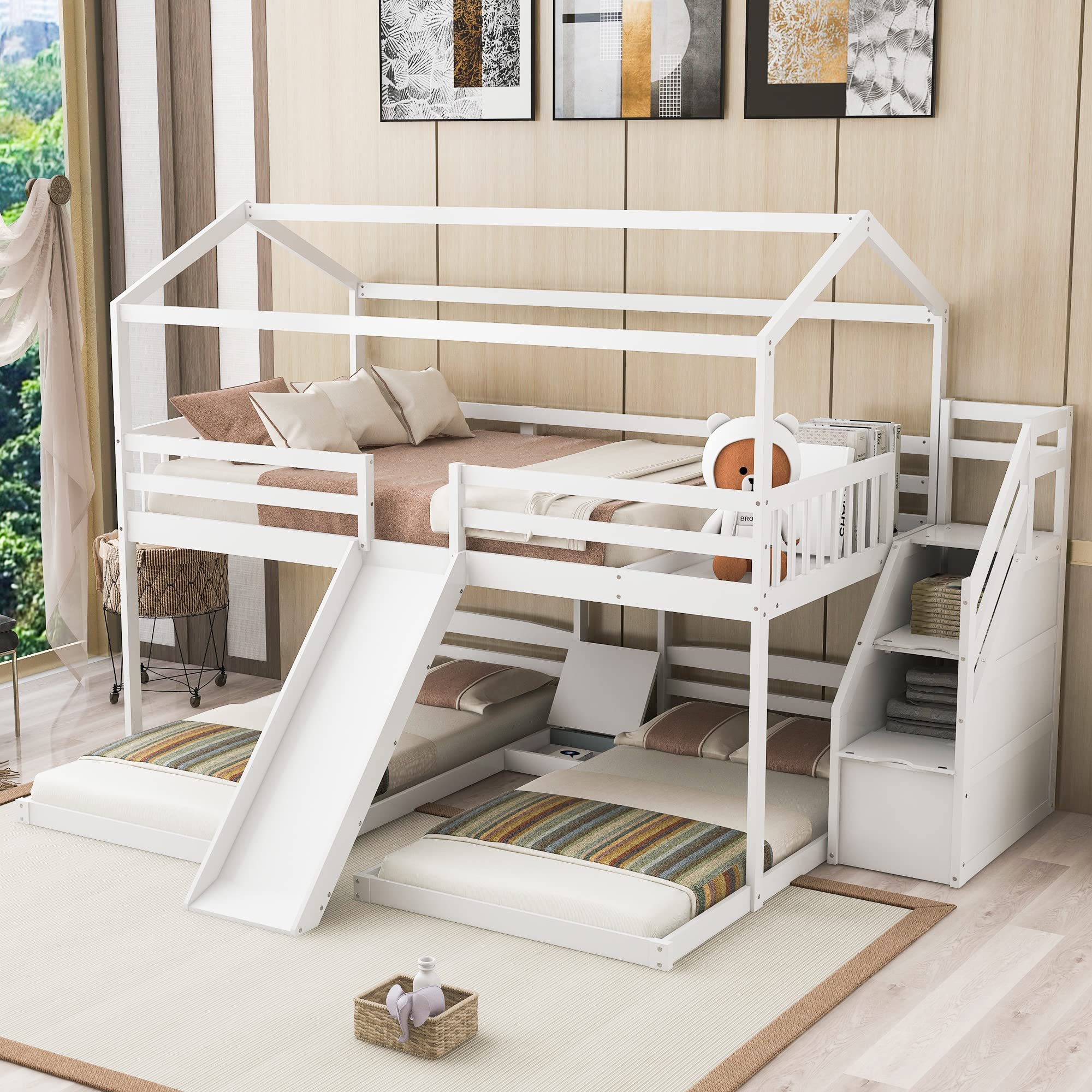 Merax Full Over Twin Triple Bunk Bed with Slide, Storage Staircase, Roof & Guardrail - Solid Wood Loft Bed for Kids & Teens - Space-Saving Bedroom Furniture for Small Rooms, Dorms & Shared Kids' Rooms