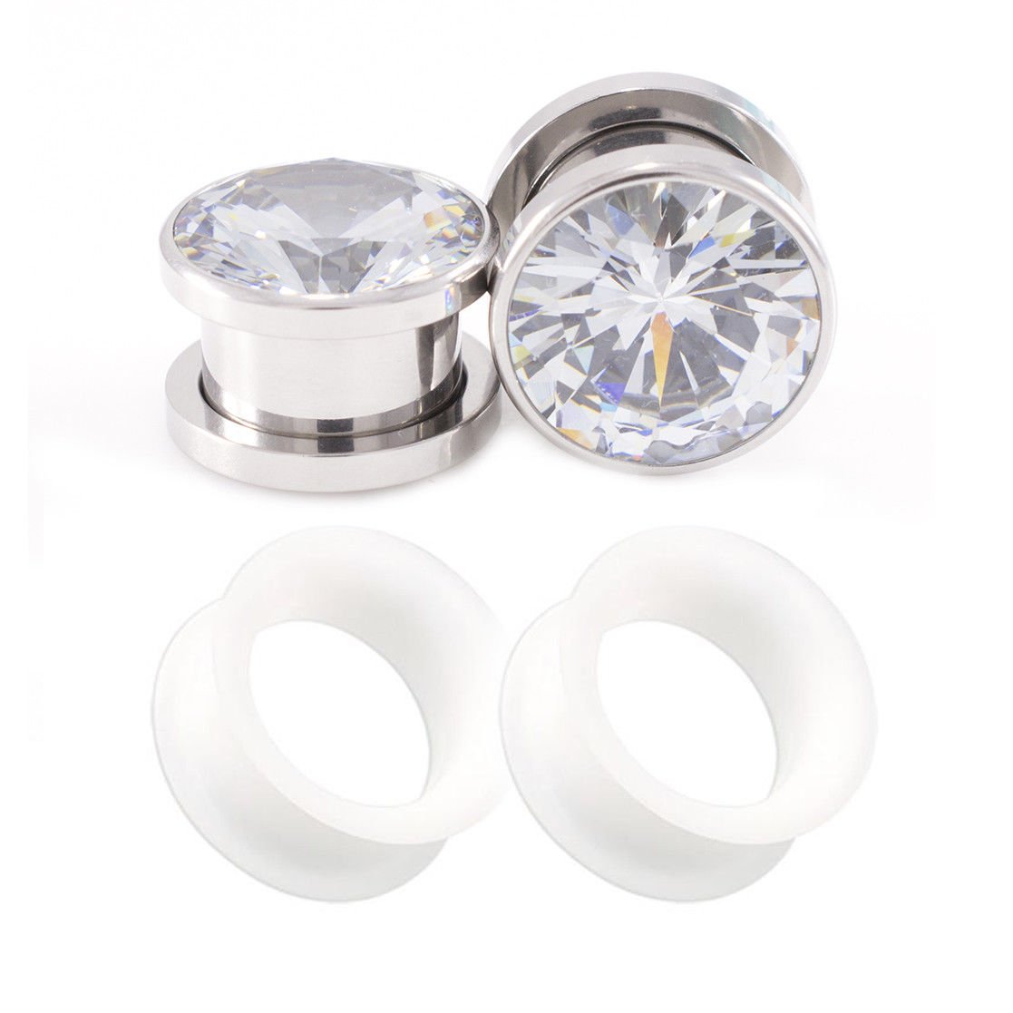 4PCS Stainless Steel CZ Screw Tunnels Ear Stretcher Plugs - 14G 16G 18G Thin Silicone Ear Gauges for Men & Women - Perfect for Daily Wear, Piercing Stretching and Body Jewelry Collection