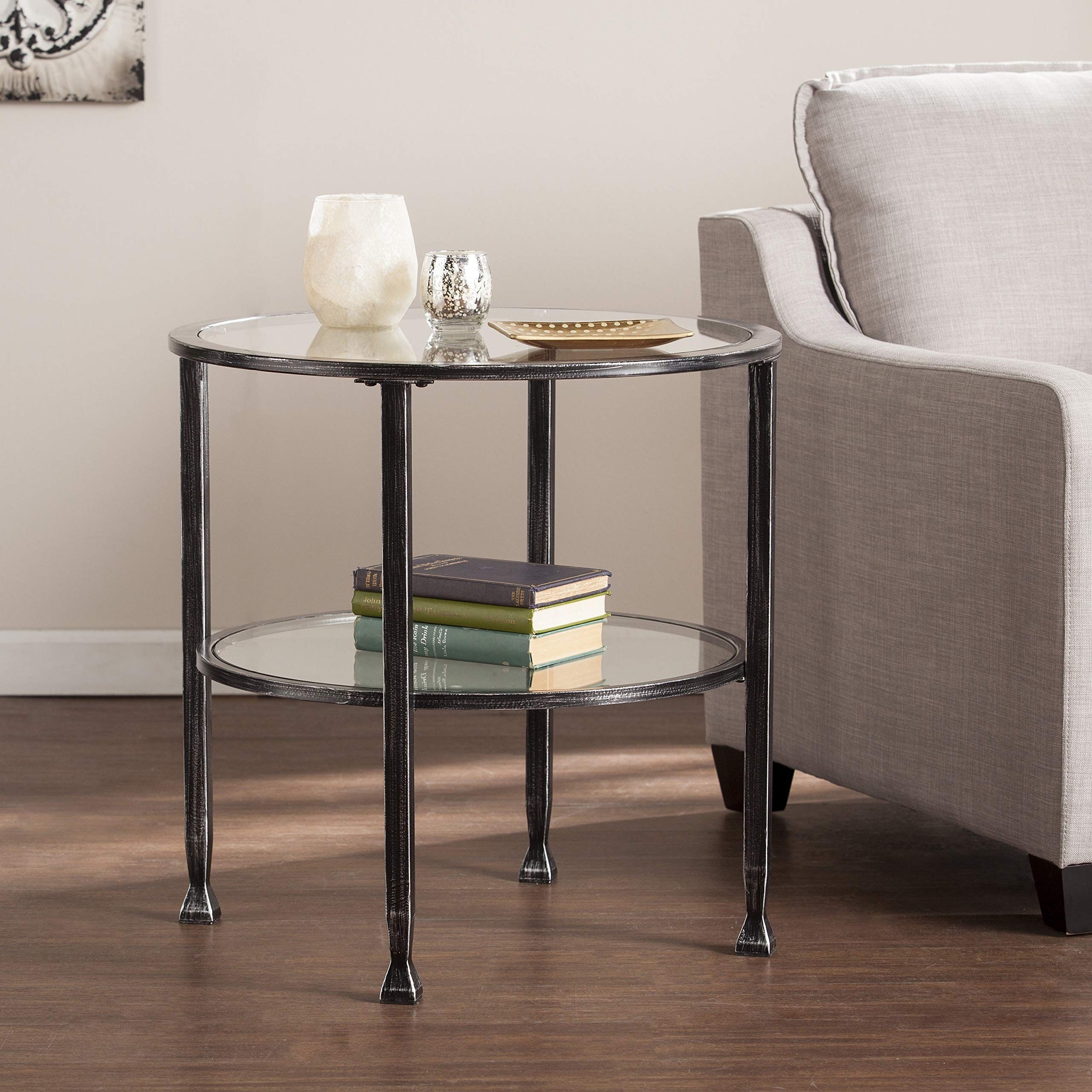 Modern Round End Table with Black Metal Frame & Glass Top - Silver Distressed Finish, Includes Storage Shelf | Perfect for Living Room, Bedroom & Office Decor