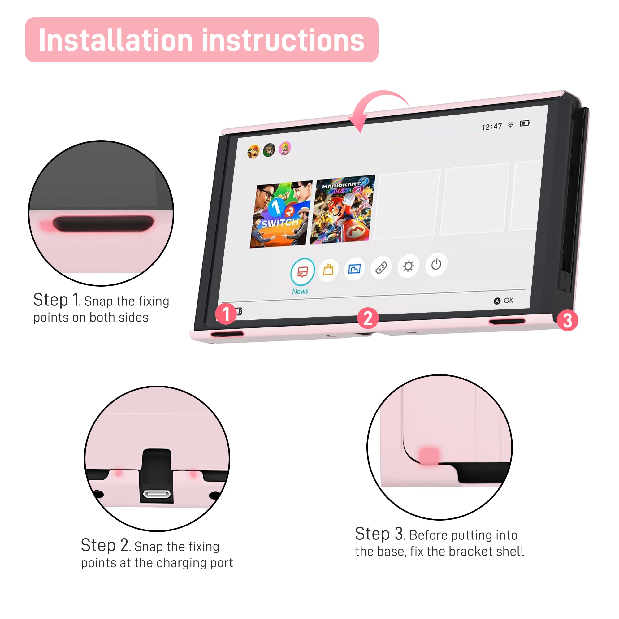 RHOTALL Protective Case Compatible with Nintendo Switch OLED - Dockable Shell for Switch OLED Console & Joy-Con Controllers, Cute Accessory with Comfortable Grip Design (Pink) - Perfect for Gaming, Travel & Home Entertainment
