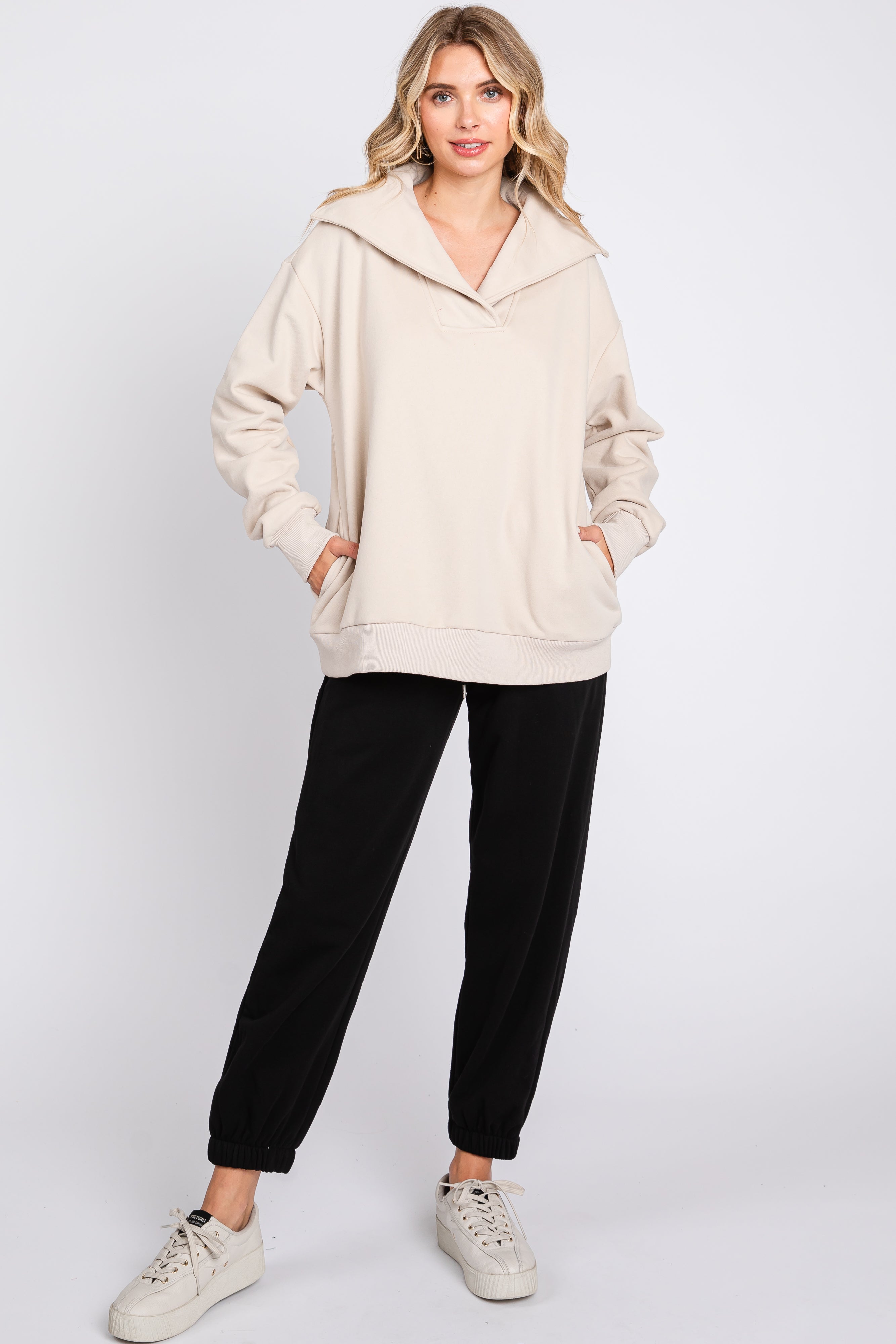 Beige Collared Pullover Sweater for Women - Soft Knit Casual Long Sleeve Tops - Perfect for Office, Fall Outfits & Weekend Wear