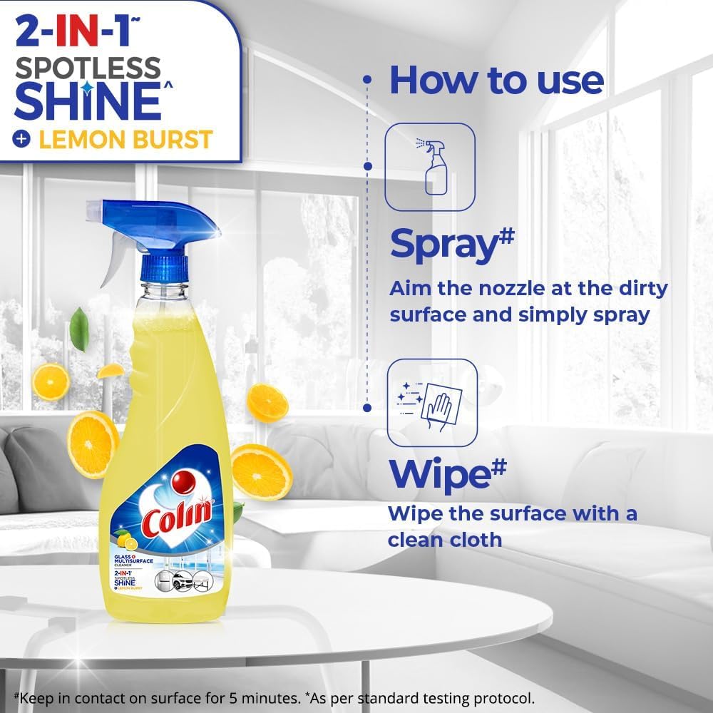 Colin Lemon Burst 500ml Glass & Surface Cleaner Spray | India's #1 Glass Cleaning Solution | Multi-Surface Cleaner for Cars, Kitchens & Homes | Refreshing Lemon Scent | Perfect for Windows, Mirrors, Countertops & Stainless Steel