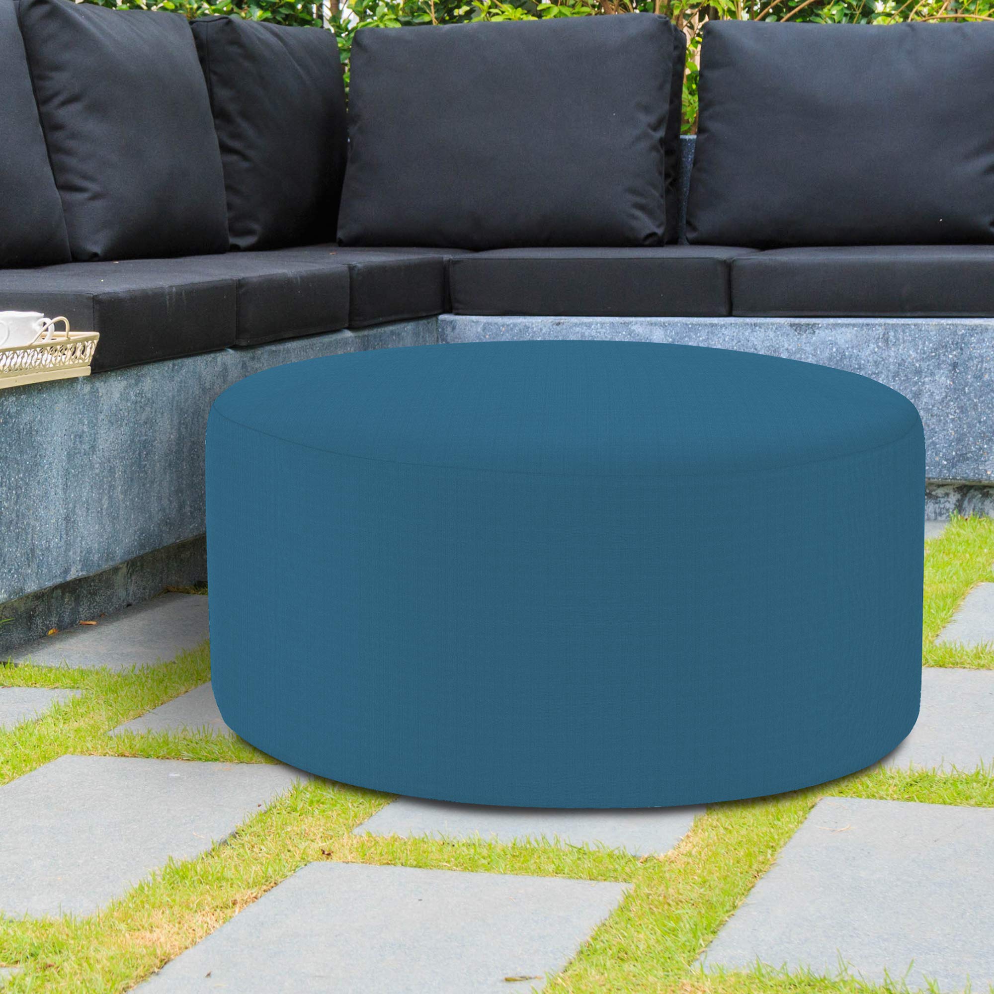 Howard Elliott 36 Inch Round Ottoman with Removable Cover - Multipurpose Padded Footrest, Side Table & Seating Stool for Living Room, Office & Bedroom - Seascape Turquoise - Perfect for Relaxing Feet, Extra Seating or Coffee Table Alternative