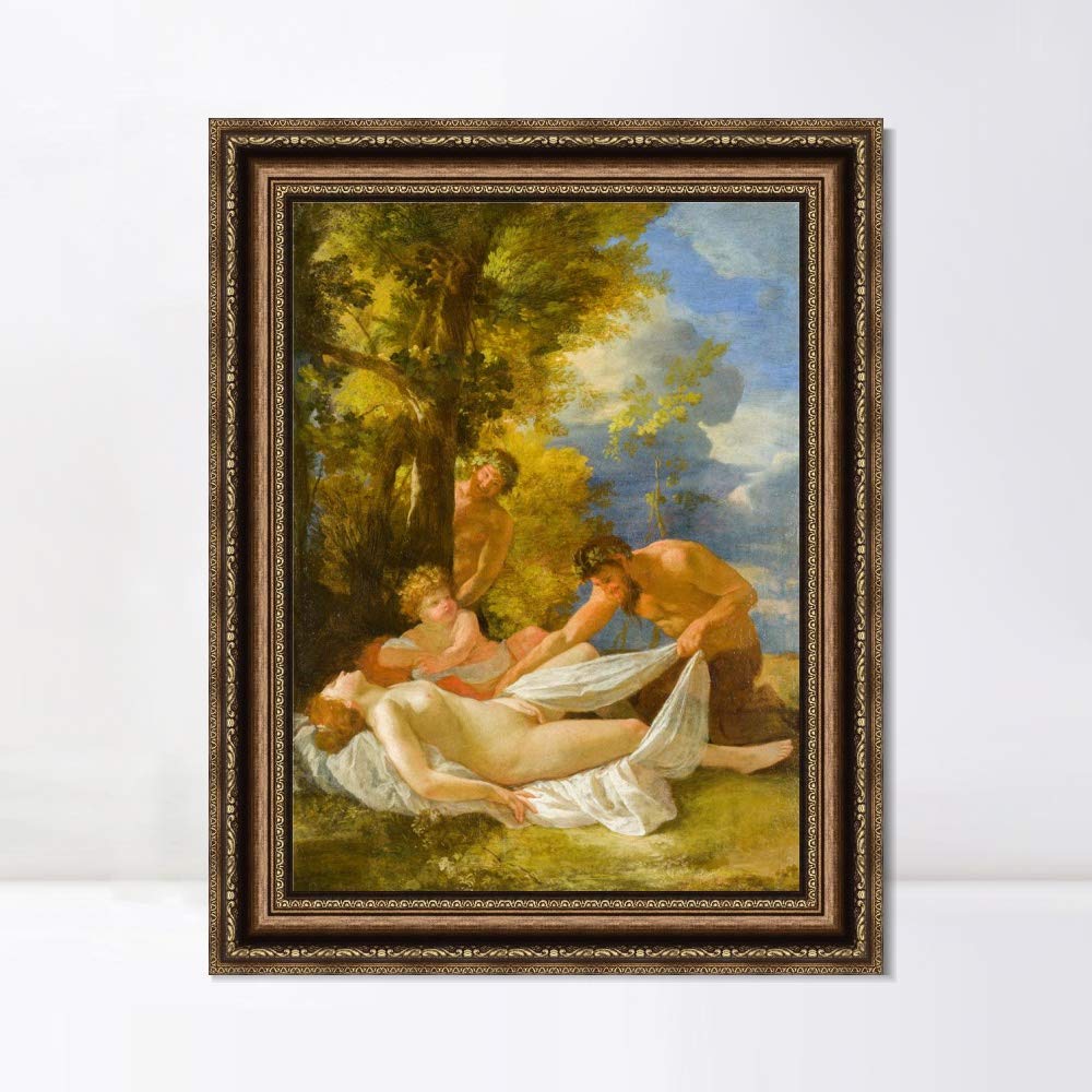 INVIN ART Framed Canvas Wall Art - Nymph with Satyrs by Nicolas Poussin Giclee Print - Vintage Gold Embossed Frame (24x32 inches) - Perfect for Living Room, Bedroom & Home Office Decor - Renaissance Artwork for Classic Interior Design