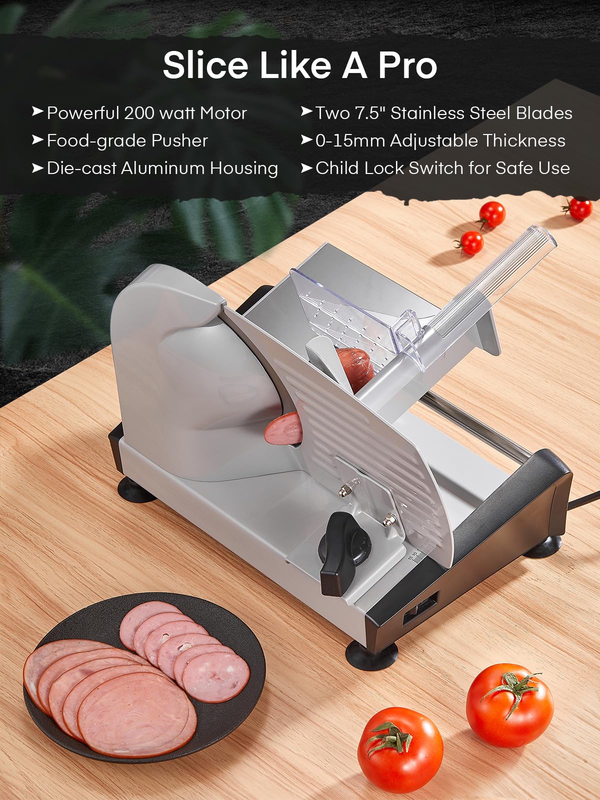 FOHERE 200W Electric Meat Slicer for Home Use - 7.5