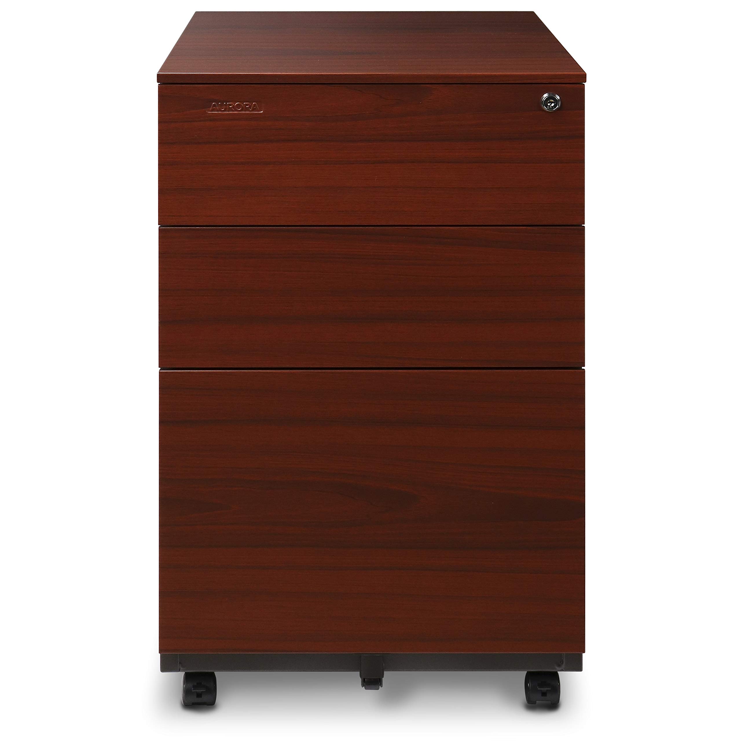 3-Drawer Metal File Cabinet with Lock & Key - Aurora Mobile Sliding Drawer Storage in Charcoal/Red Teak - Fully Assembled for Office & Home Organization - Perfect for Documents, Files & Office Supplies Storage