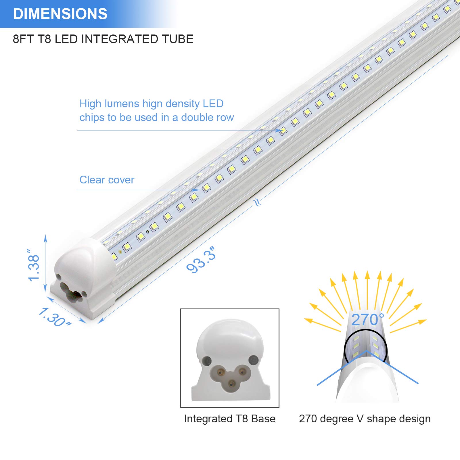 10-Pack 8ft LED Shop Light Fixtures - 90W T8 Integrated LED Tube Lights - 6500K 12000LM Bright White - V-Shape Linkable Design - High Output Clear Cover - Plug and Play Installation - 270° Wide Lighting for Garage, Workshop, Warehouse & Industrial Spaces