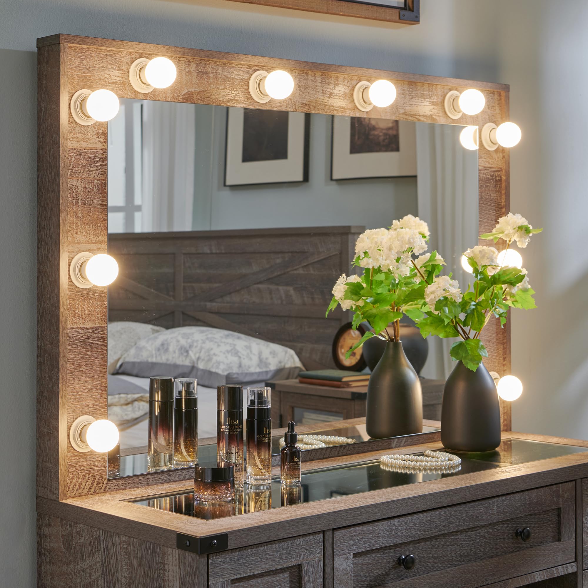 Farmhouse Makeup Vanity Desk with Mirror and Lights - 43