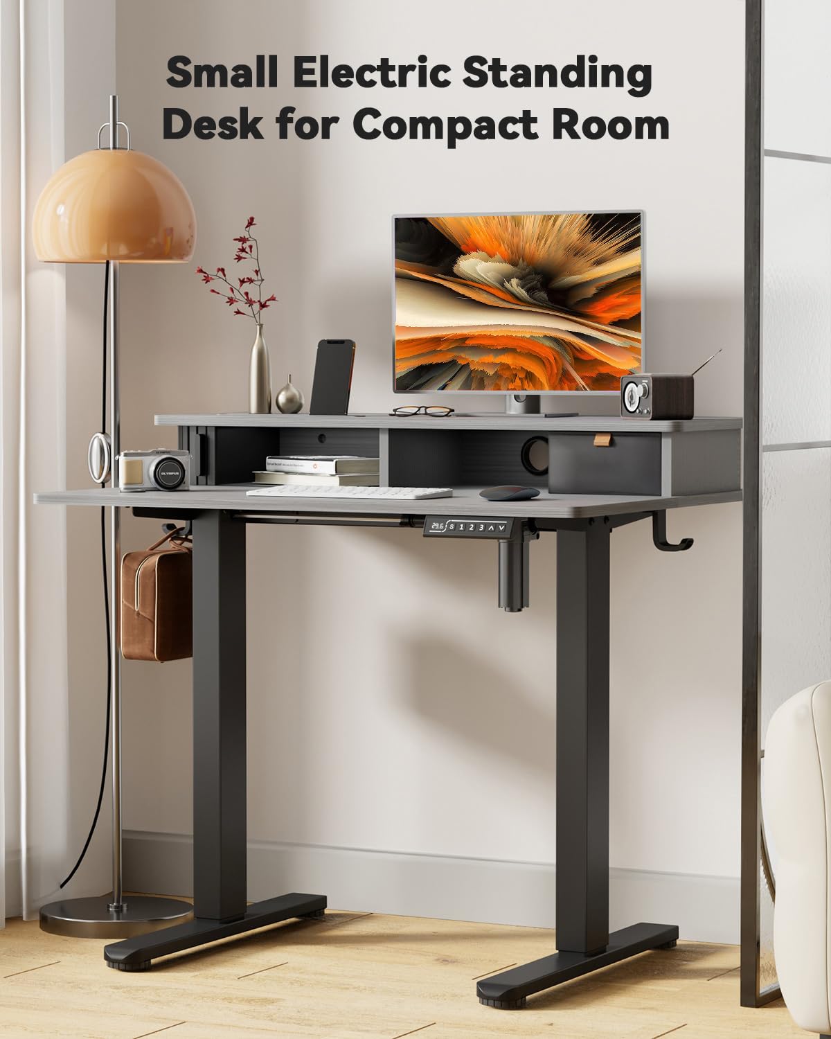 JOY Worker 35 x 25 Inch Electric Standing Desk - Height Adjustable Home Office Desk with Built-in Monitor Stand, Storage Drawer & 2 Hooks (Grey) | Perfect for Remote Work, Gaming Setup & Small Workspaces