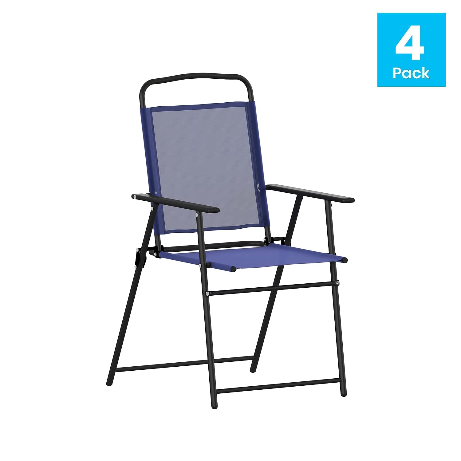 Flash Furniture Mystic Folding Patio Sling Chairs - Set of 4 Navy Textilene Outdoor Lawn Chairs with Armrests | Perfect for Poolside, Backyard, Garden & Patio Relaxation