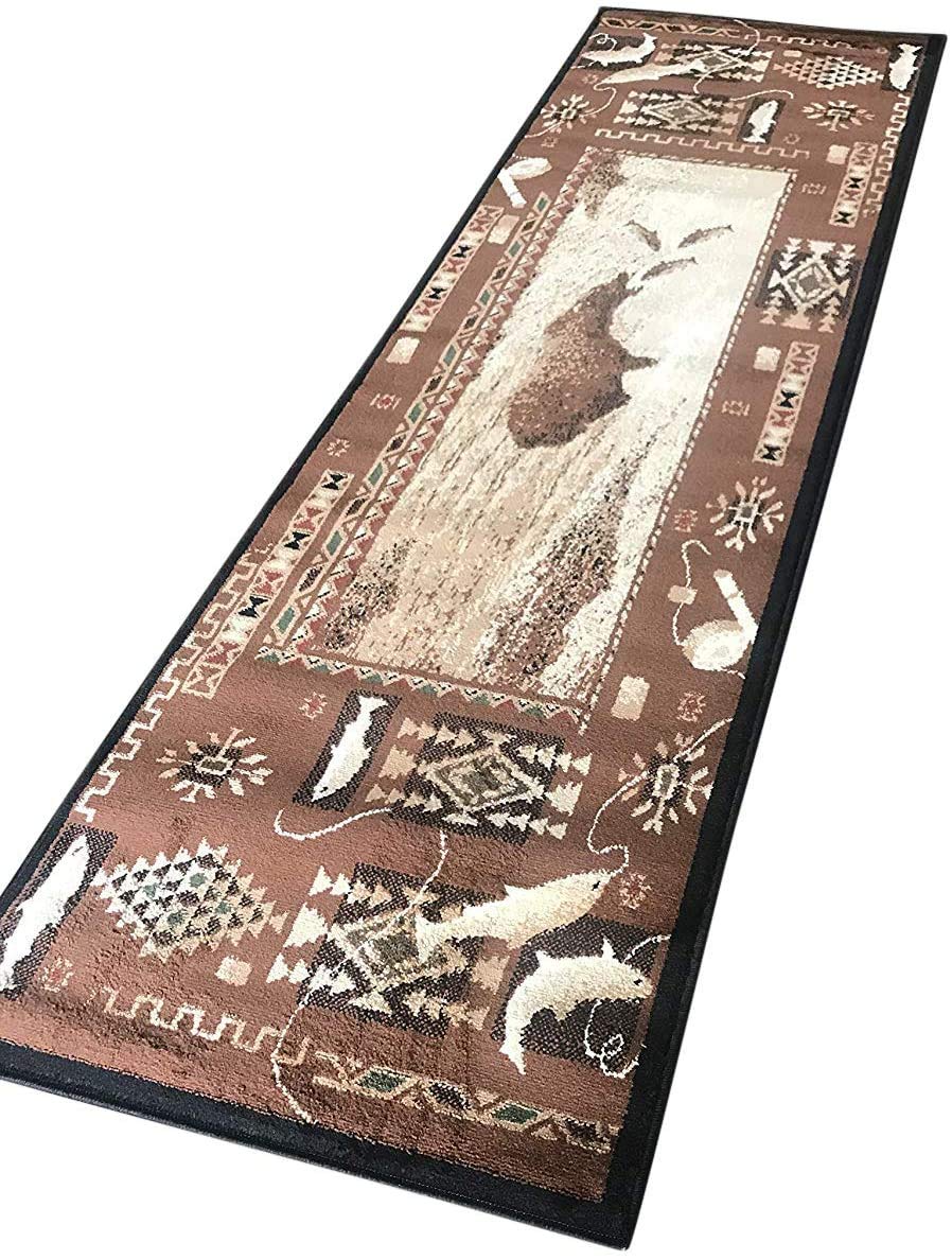 Champion Rugs Bear Fish Lodge Cabin Rustic Geometric Arrows Area Rug Carpet - 2' x 7' Runner in Tan Brown - Perfect for Cabin, Lodge, or Rustic Home Decor - Durable Floor Mat for Entryway, Hallway, or Bedroom