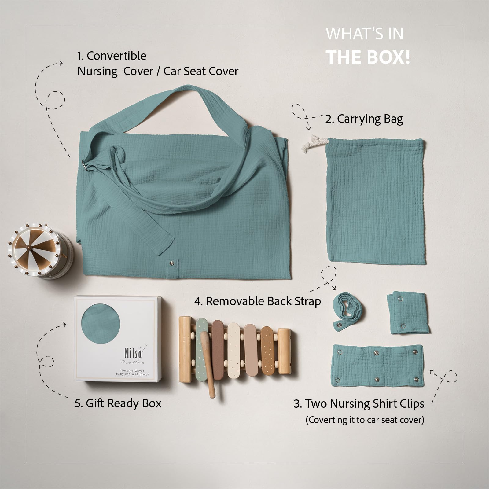 Nilsa 5-in-1 Muslin Nursing Cover for Breastfeeding & Baby Car Seat - 100% Cotton Breathable Nursing Cover with Rigid Hoop - Privacy Apron for Nursing Moms (Mint Green) | Perfect for On-the-Go Feeding, Shopping & Travel