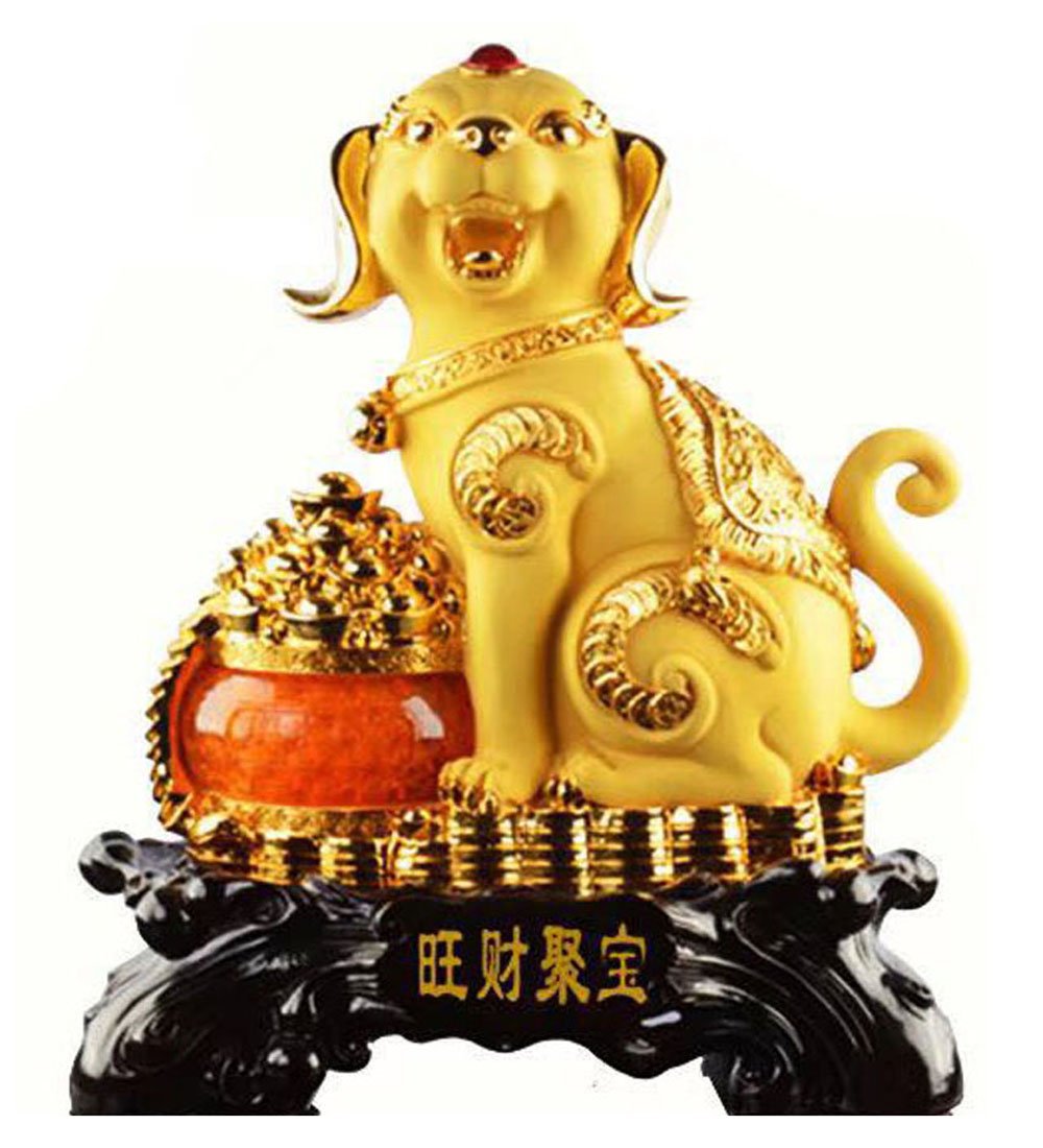 18-Inch Feng Shui Golden Dog Statue Holding Wealth Pot - Wealth & Prosperity Home Decor for Office, Living Room, or Business Display