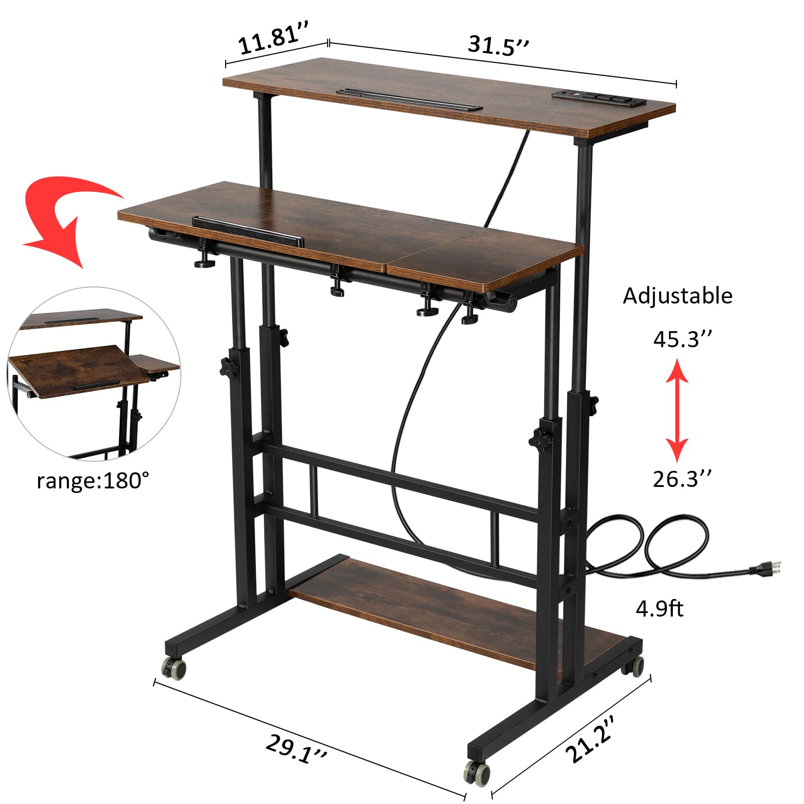 Hadulcet Adjustable Mobile Standing Desk with USB Charging Station - 31.49
